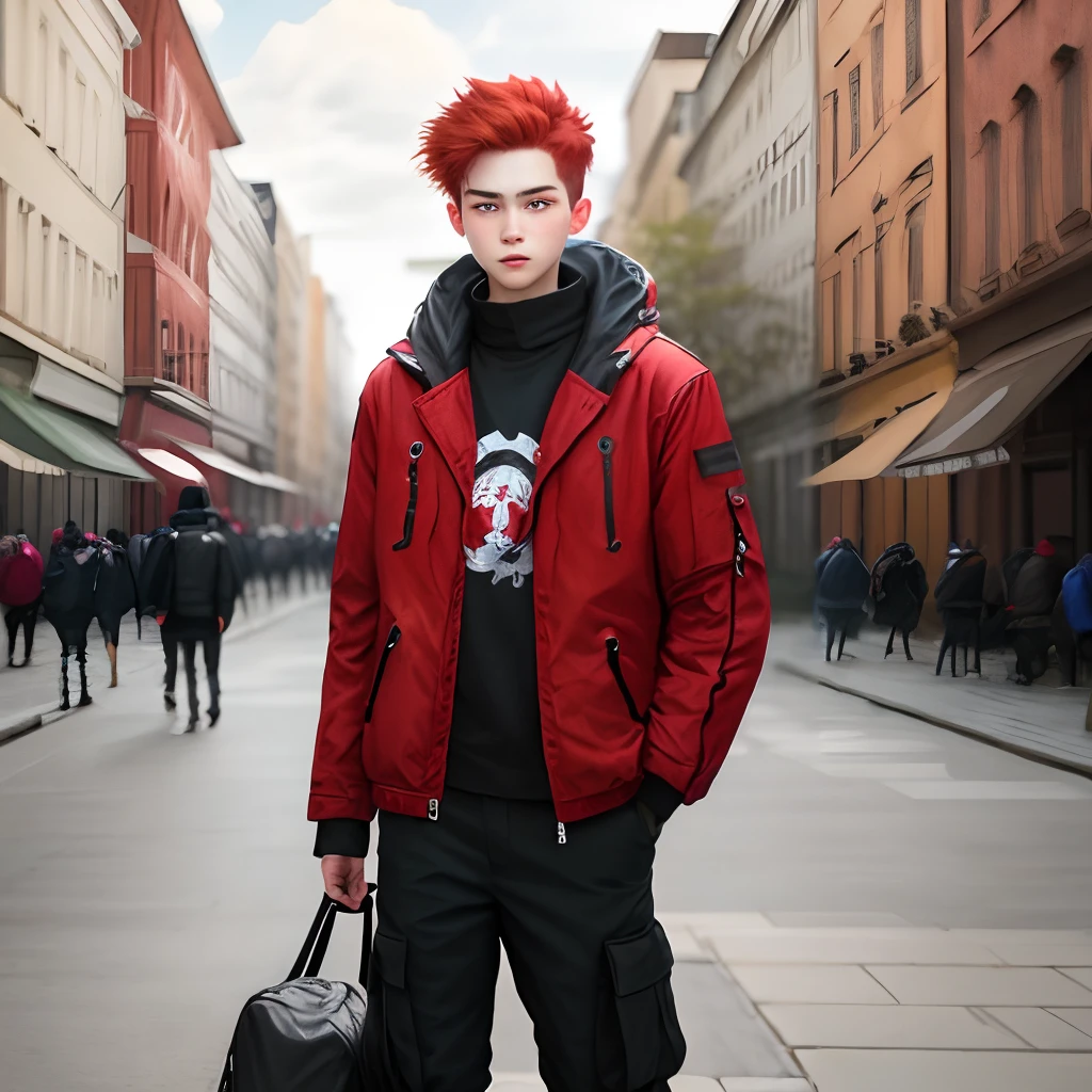 Boy with red hair, red jacket, black cargo pants(Big bag)