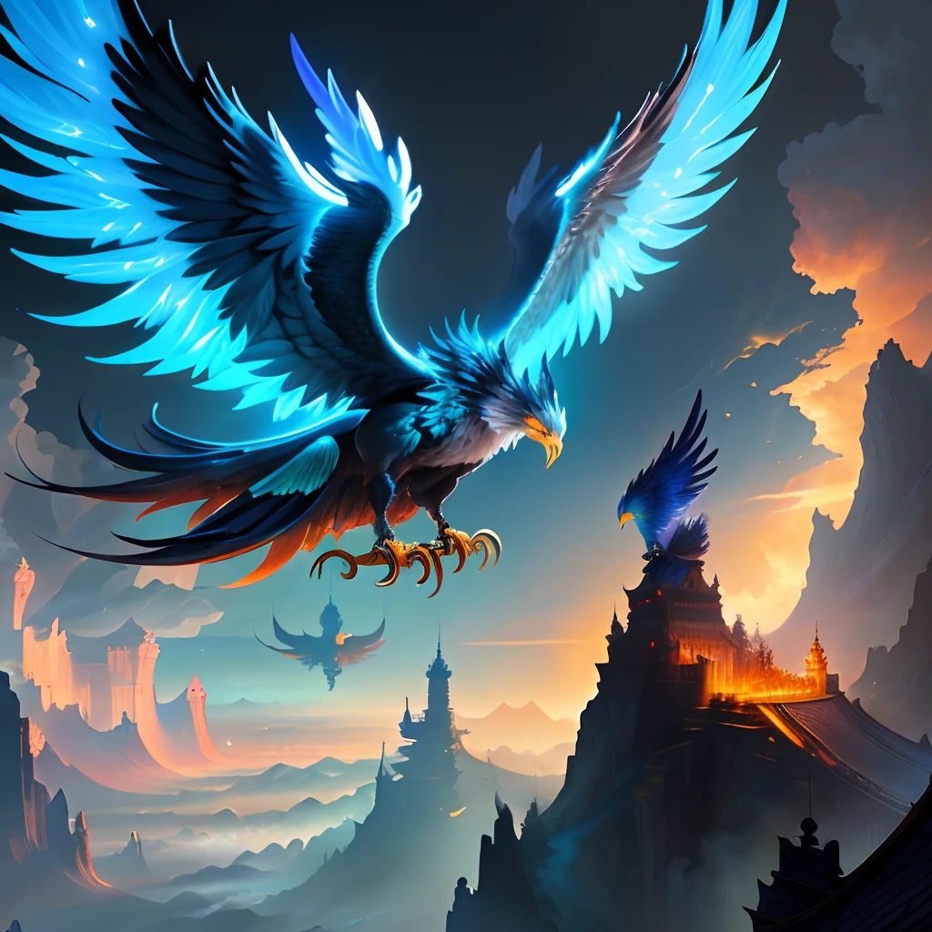 There are glowing phoenixes sitting on plane trees，Auspicious clouds，Chinese mythology，An epic ancient fantasy，16K ，high high quality，realisticlying，tmasterpiece，winning artwork，high definition resolution，