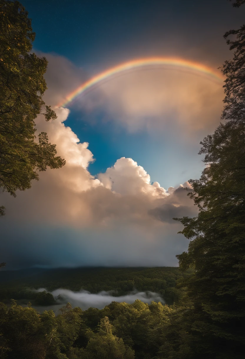There is a lot of cloud in the sky and the sky is rainbow and bright stars