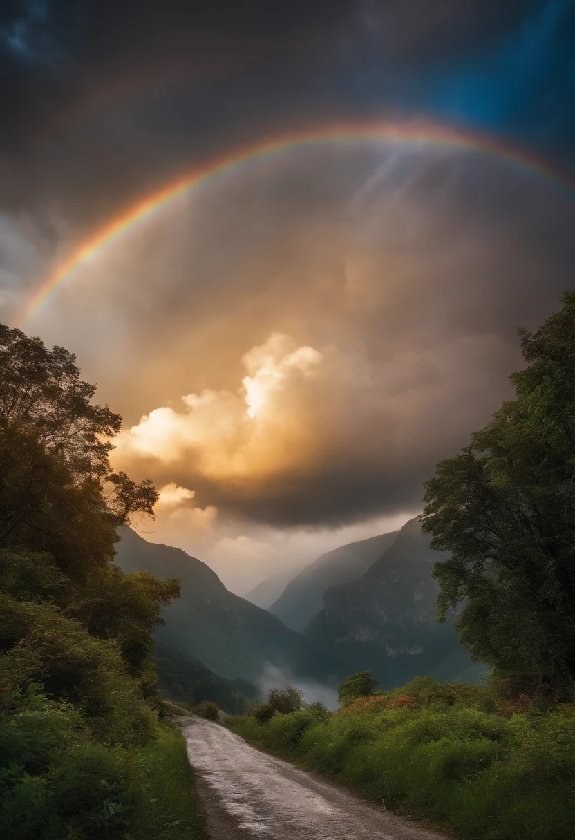 There is a lot of cloud in the sky and the sky is rainbow and bright stars