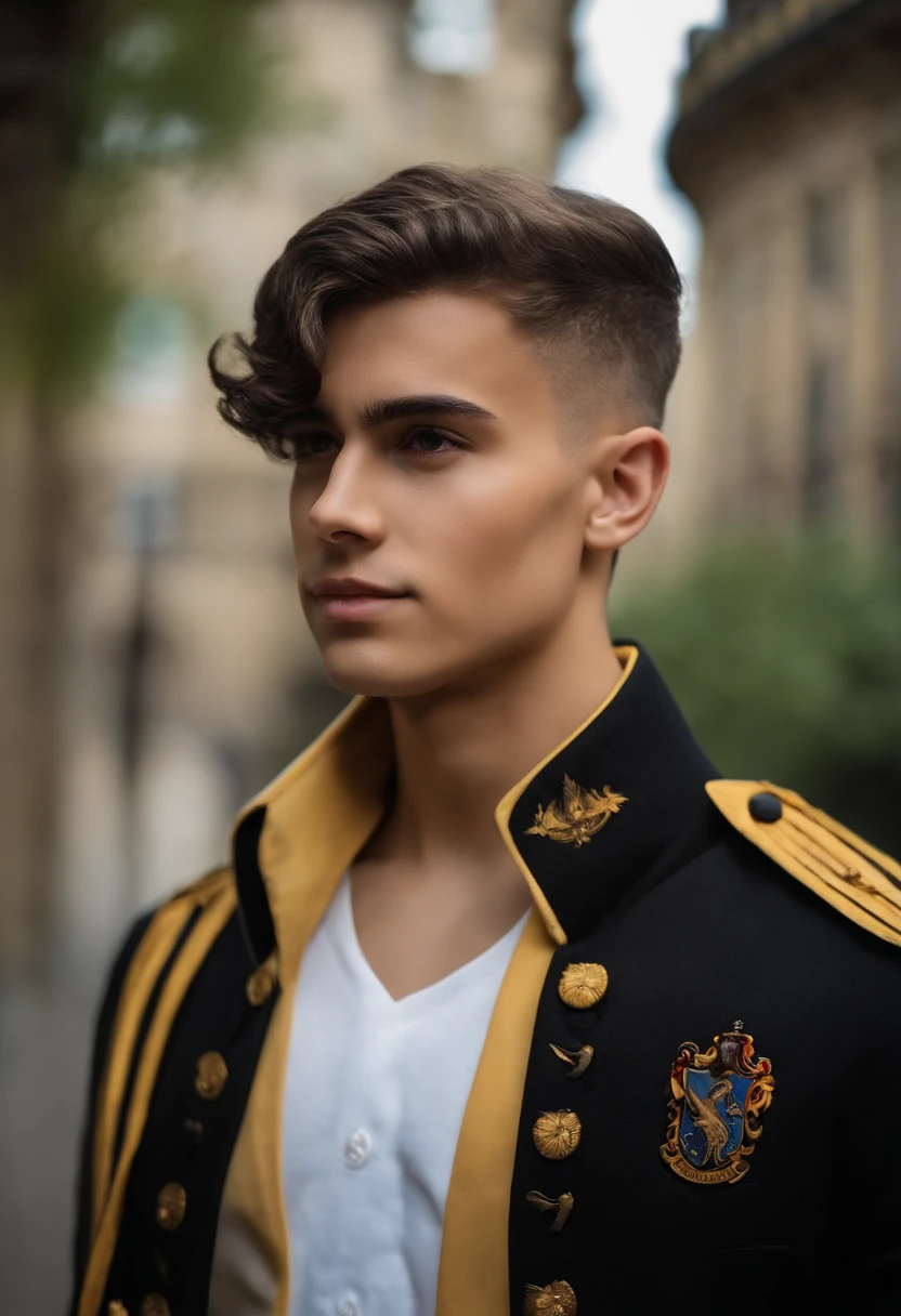 menino, Cabelo preto na altura dos ombros com franja preta. hematomas no rosto, band-aid no nariz, Estudante de Hogwarts, Hufflepuff, Fundo do corredor de Hogwarts, Uniforme de Hogwarts Hufflepuff