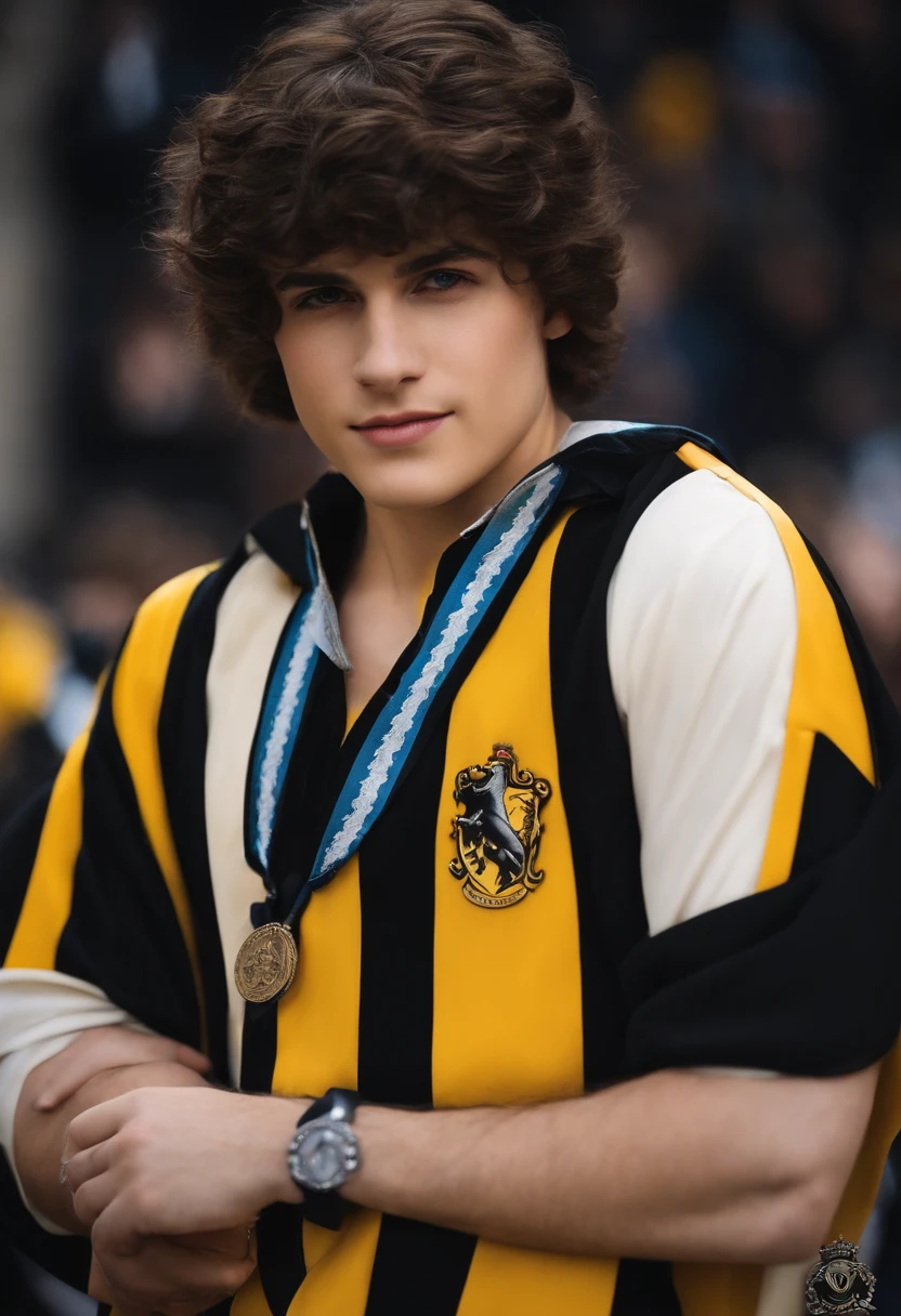 menino, Cabelo preto na altura dos ombros com franja preta. hematomas no rosto, band-aid no nariz, Estudante de Hogwarts, Hufflepuff, Fundo do corredor de Hogwarts, Uniforme de Hogwarts Hufflepuff