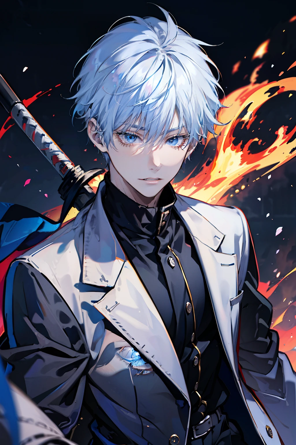 (absurderes, A high resolution, ultra - detailed, hdr), tmasterpiece, NSFW, Best quality, jujutsu kaisen, Satoru Gojo, Only 1 person in battle, goodlooking, short  hair, whaite hair, Vibrant blue eyes, Delicate eyes and delicate face, (((fires, yeero, On your back)) armure, ((Intricate weapons)). Final Fantasy, Abs, badass posture, Anime boy with a sword in both hands, Anime pose fighting, Handsome anime, male anime character, Badass anime 8K, detailed anime character art, High density iconography review anime concept anime McManus, Anime boys, ikuto yamashita, Anime CG soft art, manga wallpaper 4k, inspired by Yamagata Hiro, anime wallaper