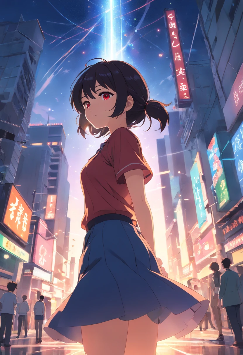 masterpiece, best quality:1.3), (ultra-detailed:1.3), 1girl, solo, (black hair, messy hair, pigtails, long hair), large chest, big boobs, sexy, red eyes, (black dress, short skirt), cowboy shot, cinematic lighting, (((glowing light particles))), (arms behind back), dynamic angle