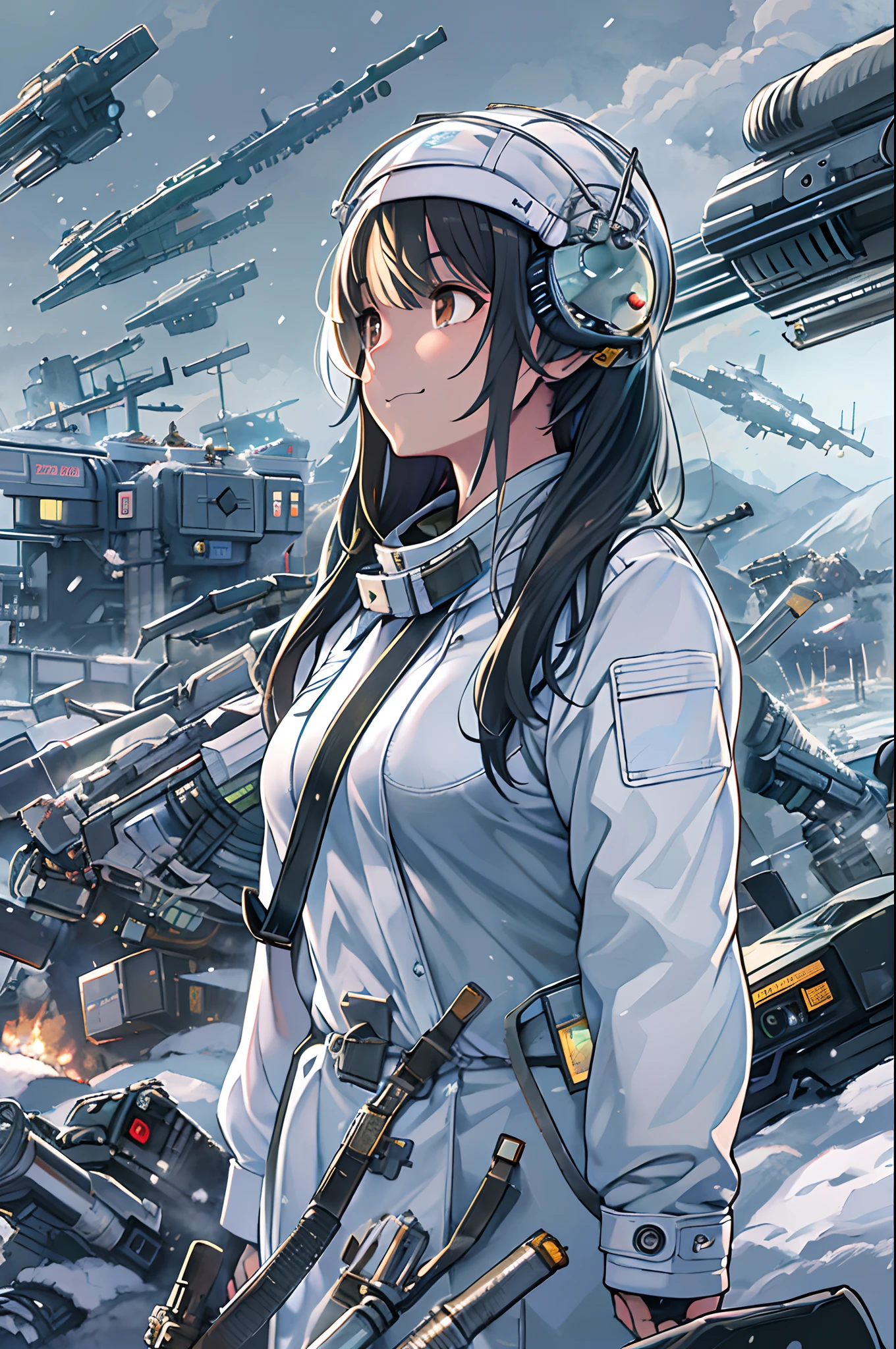 Science fiction,a science fiction film,cannons,Long-range missiles,Based on the Film Foundation ,Woman,Adult,The protagonist,28 years old,A hopeful face,Brown eyes,Long hairstyle,White-gray on black hair,Scientist uniform,White researcher coat,Open Meadow,Rebel,Chaotic,A futuristic world,Socialist world,Snow,the chaos