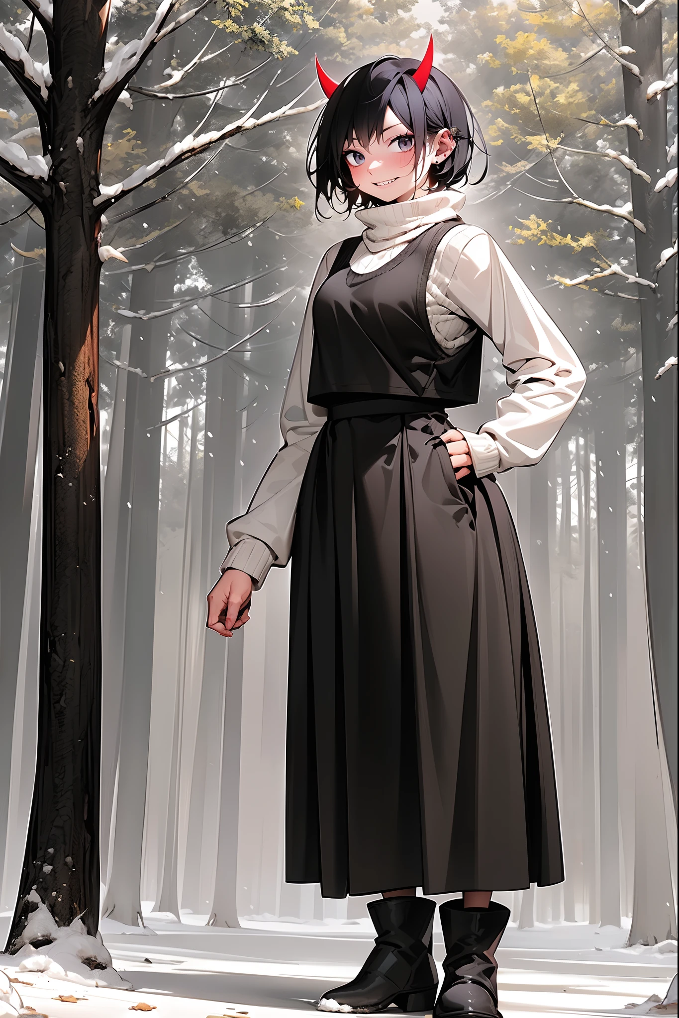 short hair, youngirl,black hair, vest, pullover, dragon horns, sharpteeth, standing, smile, full body , boots, long skirt, winter dress,, forest, woman-medieval-clothes, horns