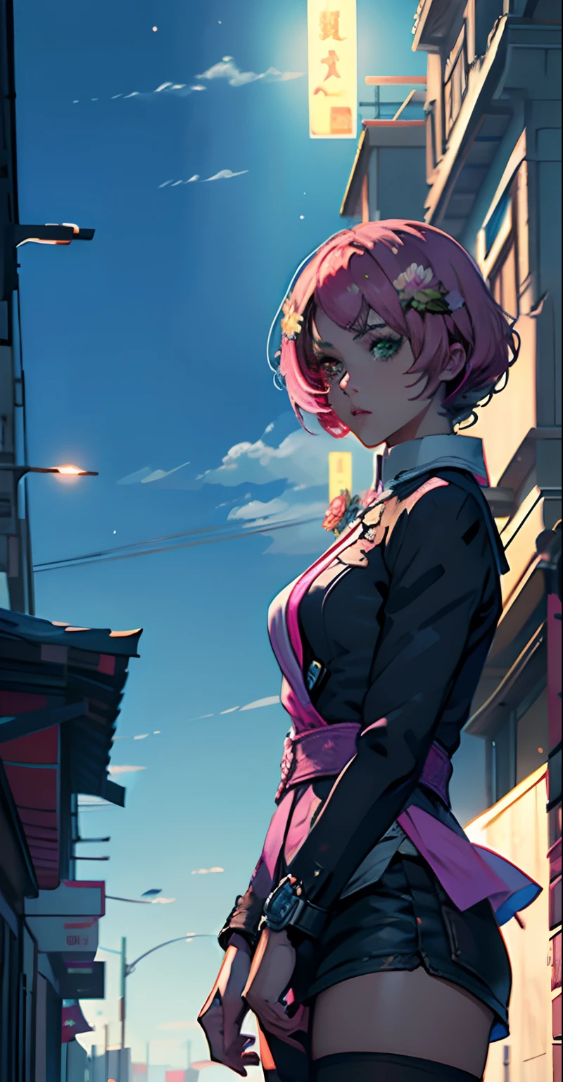 (master part, melhor qualidade) Alisa Rosto bonito, Olhos verdes detalhados , roupas elegantes e detalhadas , puffy lips ,Short Pink Hair Flower Accessories, (melhores detalhes) ( melhor qualidade) espetacular, dramatic scenery, Tekken , Digital anime illustration, Estilo anime 4K, por Yang J, Arte Digital Anime detalhada, arte digital estilo anime, a beautiful artwork illustration, Digital anime illustration, Arte Digital Anime, 8k arte detalhada de alta qualidade, TEKKEN 7