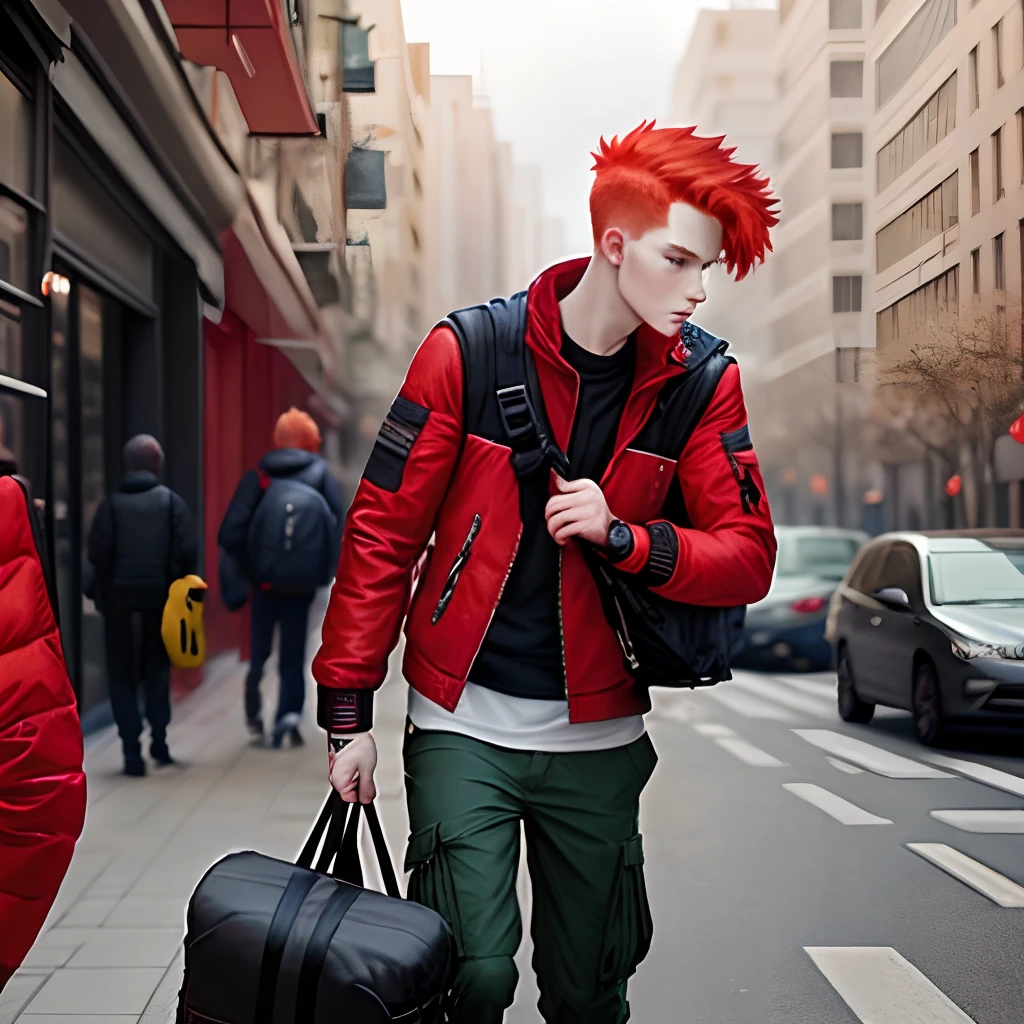 Boy with red hair, red jacket, black cargo pants(Big bag)quadratic element(CRIT)
