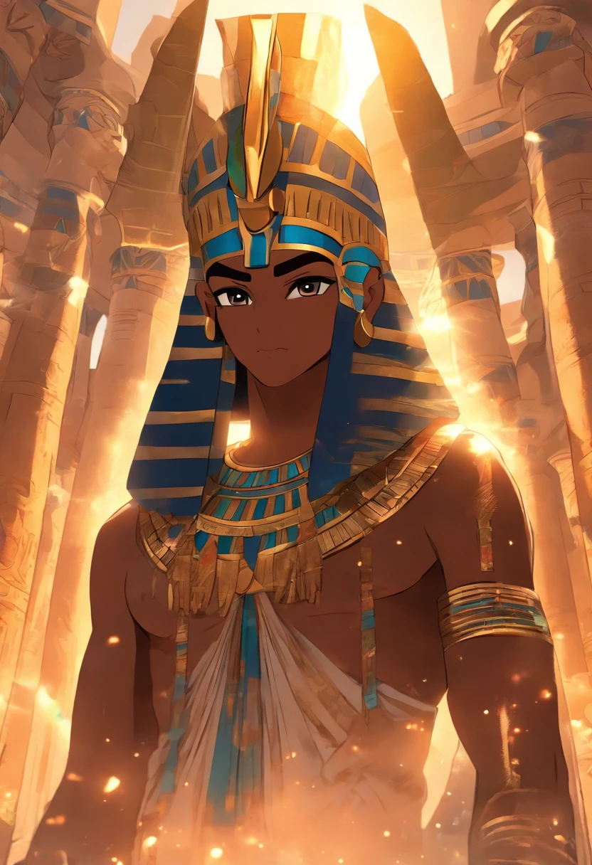 ((Egyptian man))) best quality, very high resolution, 4K detailed CG, masterpiece, Egyptian mythology, Shu, Egyptian man, feathers, sun in the background, Ancient Egypt, standing pose, blue clothes, Egyptian clothes, egyptian city, desert, ancient egypt, ((standing pose)), egyptian palace, aesthetics, beautiful image, centered on screen, full body