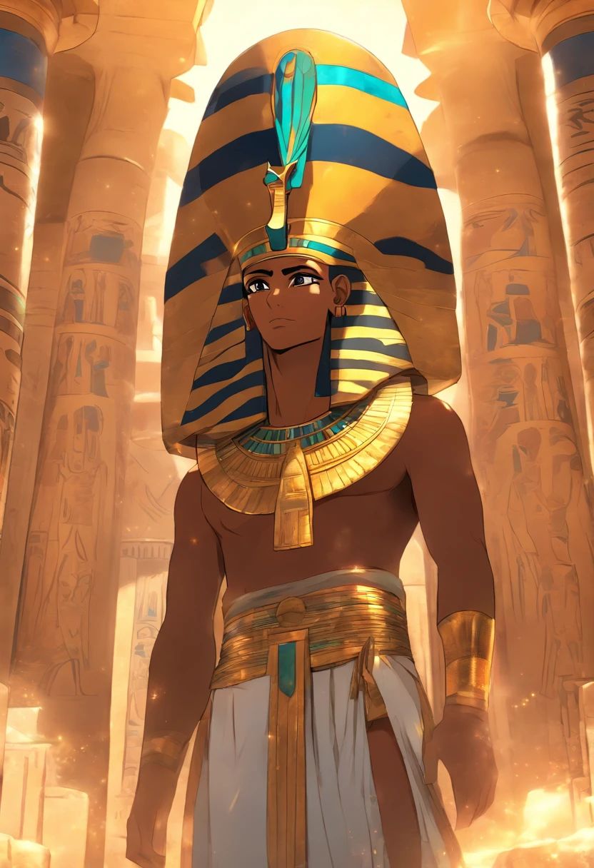 ((Egyptian man))) best quality, very high resolution, 4K detailed CG, masterpiece, Egyptian mythology, Shu, Egyptian man, feathers, sun in the background, Ancient Egypt, standing pose, blue clothes, Egyptian clothes, egyptian city, desert, ancient egypt, ((standing pose)), egyptian palace, aesthetics, beautiful image, centered on screen, full body