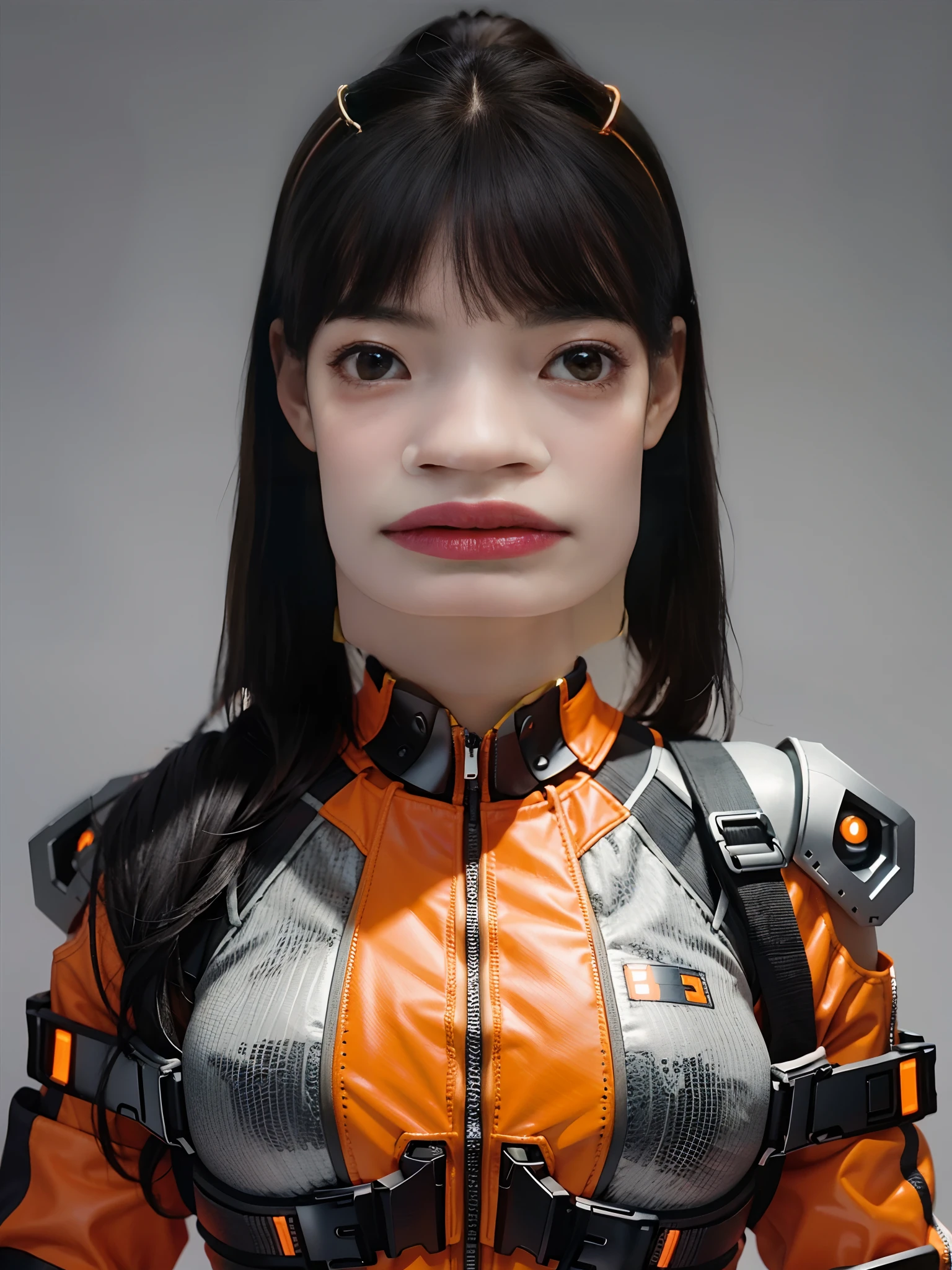 A beautiful woman,Wearing a fluorescent Hermes orange mech,bulletproof vest,little breast,cyber punk perssonage,greybackground