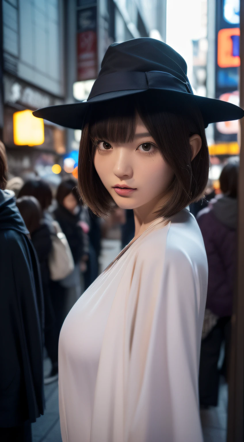 (photographed:1.2)、(Photorealsitic:1.4)、(masterpiece:1.3)、(top-quality:1.4)、超A high resolution、(A detailed eye)、(detailed facial features)、(detailed clothes features)、8K分辨率、solofocus、bangss、Double eyelids、(((kawaii faces)))、(((Time is night8At that time、The area is dark、a person々It's buzzing、The moon is shining beautifully)))、(((lighting like a movie)))、(((The city is a Halloween cosplay venue)))、(((Detailed novel and stately wizard attire)))、(((Cute wizard costume)))、(((Novel costumes)))、(((The fabric of the clothes is thick)))、(((Underexposed eyes)))、(((Wearing a tricorn hat)))、(((Shoes are also purple navy blue、Pointed toes)))、Beautiful lips、toned legs、(Slender girl)、(a japanese girl)、1 girl in、Slim Beauty:1.2、Delicate hair、((The background is the city of Ikebukuro、Large crowds))、(Beautiful breasts:1.2)、Slim body、(short-hair:1.2)、Bruises and ugly face、Delicate body、((sexy pose))、stunning lighting