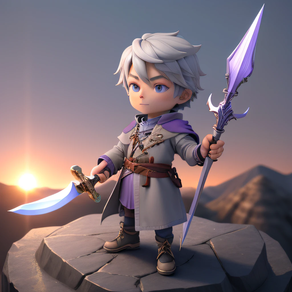 3D render of a beautiful and cute boy holding a sword in his right hand and spear in his left.he is wearing a surcoat colored in gray and violet and standing on the top of rocky hill in the mountain area at dusk.he is lighted from the front by sunlight and shadow is casted down on the ground.beautiful sky.high quality.masterpiece.sunset.detailed expression of hands and fingers.
