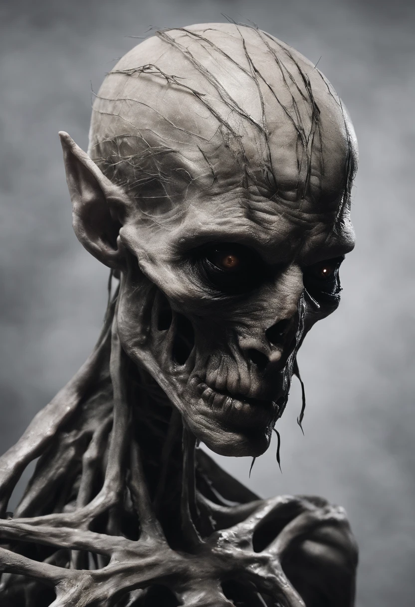 A scary and emaciated figure. Its body is thin and emaciated, and its bones are marked on the dark and somber skin. The creature's skin is completely black but is marked by white scratches and cuts. Its face resembles that of an elderly person, with dry and wrinkled skin. White lines appear over its eyes. Sparse tufts of gray hair are visible on each side of its head, except above. It is tall, almost reaching a height of 2 meters. Its nails are long and sharp.
