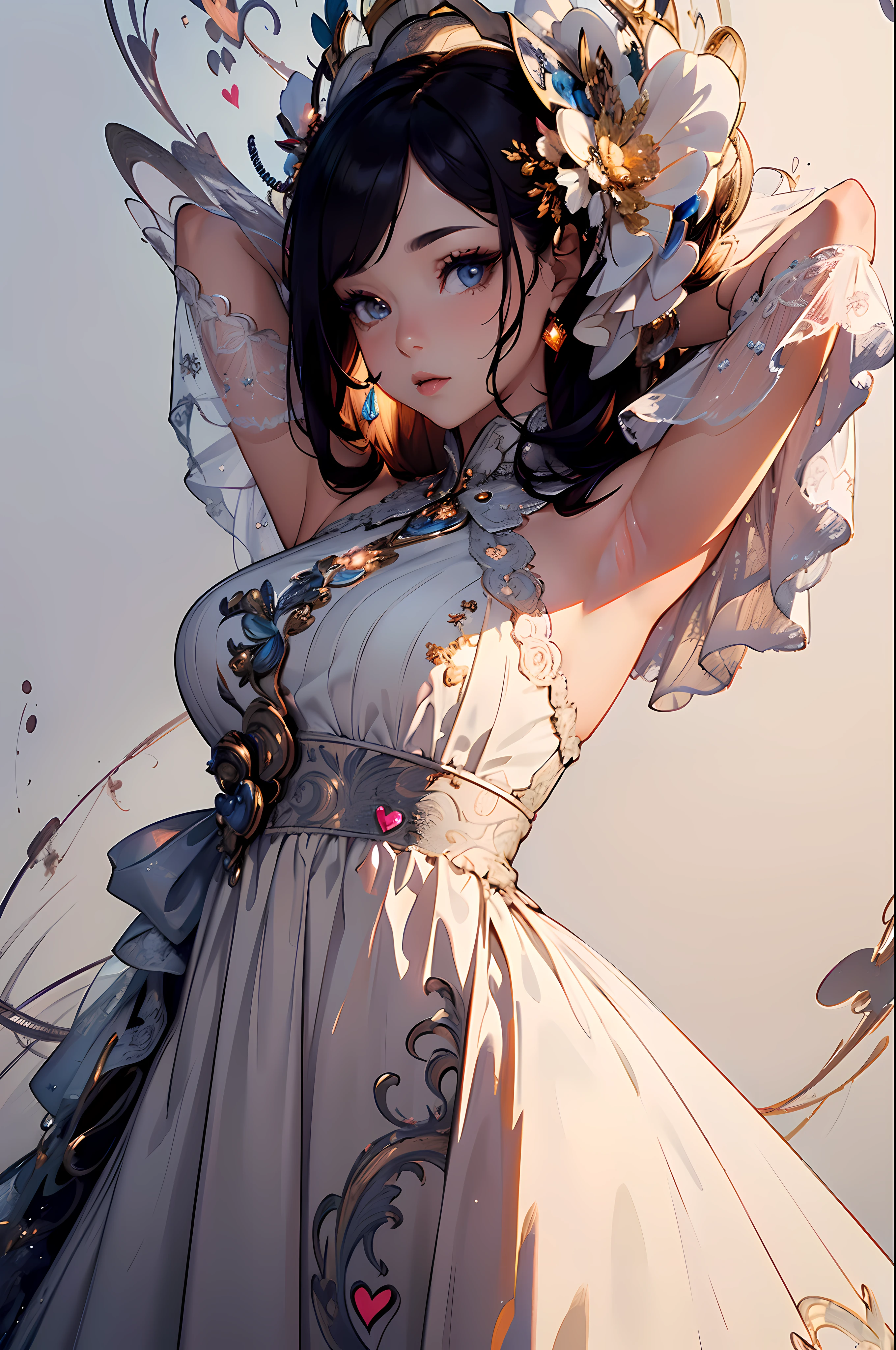 ((absurdres, RAW photo, extremely delicate and beautiful, masterpiece, Best Quality, ultra high resolution, 32k, hyperrealistic, ultra-detailed, perfect figure)), tearful mole, earring, whole body shot, big breast, short medium hair, wavy hair, shirt dress, face veil,