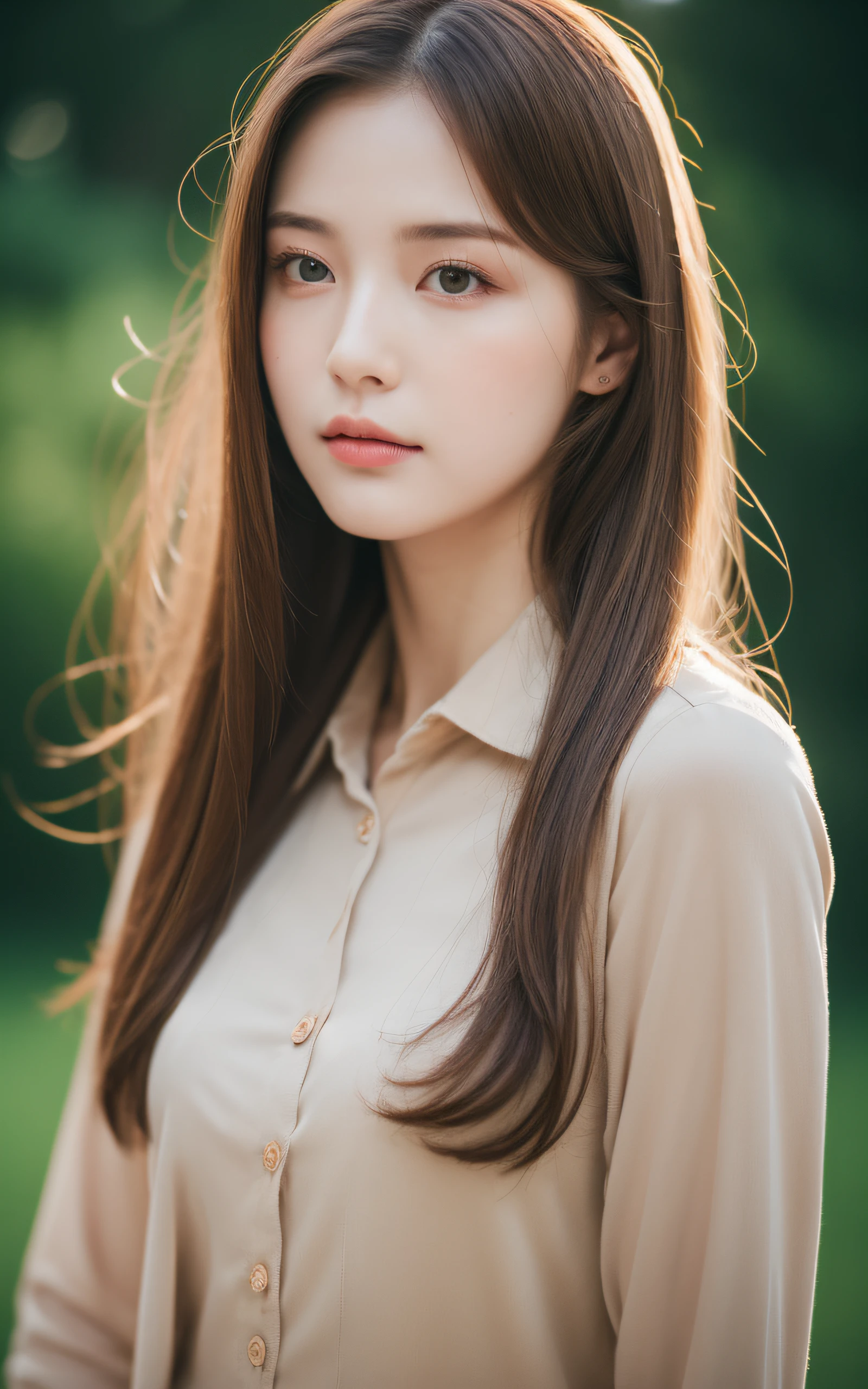 (Masterpiece:1.3), (8K, Photorealistic, Raw photography, Best Quality: 1.4), Soft light, Professional Lighting, 1girl in, 22 years old, Neat and clean beauty, Closed mouth, sad, Brown medium Hair, shirt with buttons