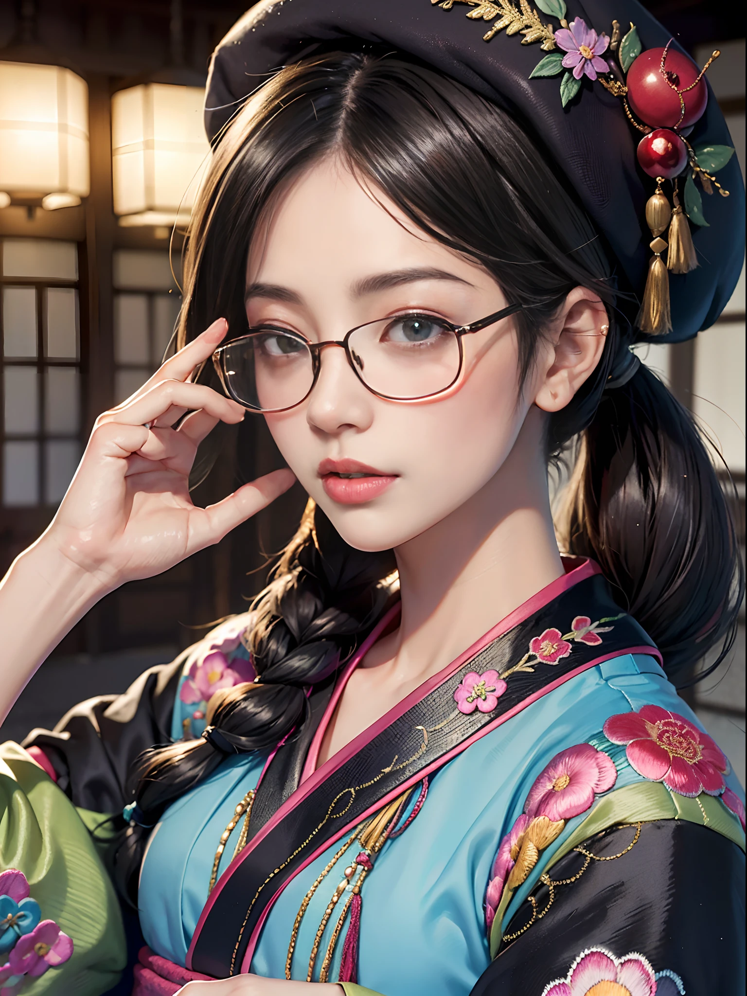 Background of details(Alleys in Kyoto),elaborate costume(Luxury kimono(Colorful kimono(detailed embroidery))),BREAK 1 Beautiful and Classy Adult Woman(Japanese actressl:1.2)(glossy dark hair(beret,(poneyTail:1.2)),(eye glasses:1.2), Wallpapers 16K,Blur the background,(masutepiece:1.5), (Best Quality:1.5),(Portrait photos:1.5),full body Esbian
