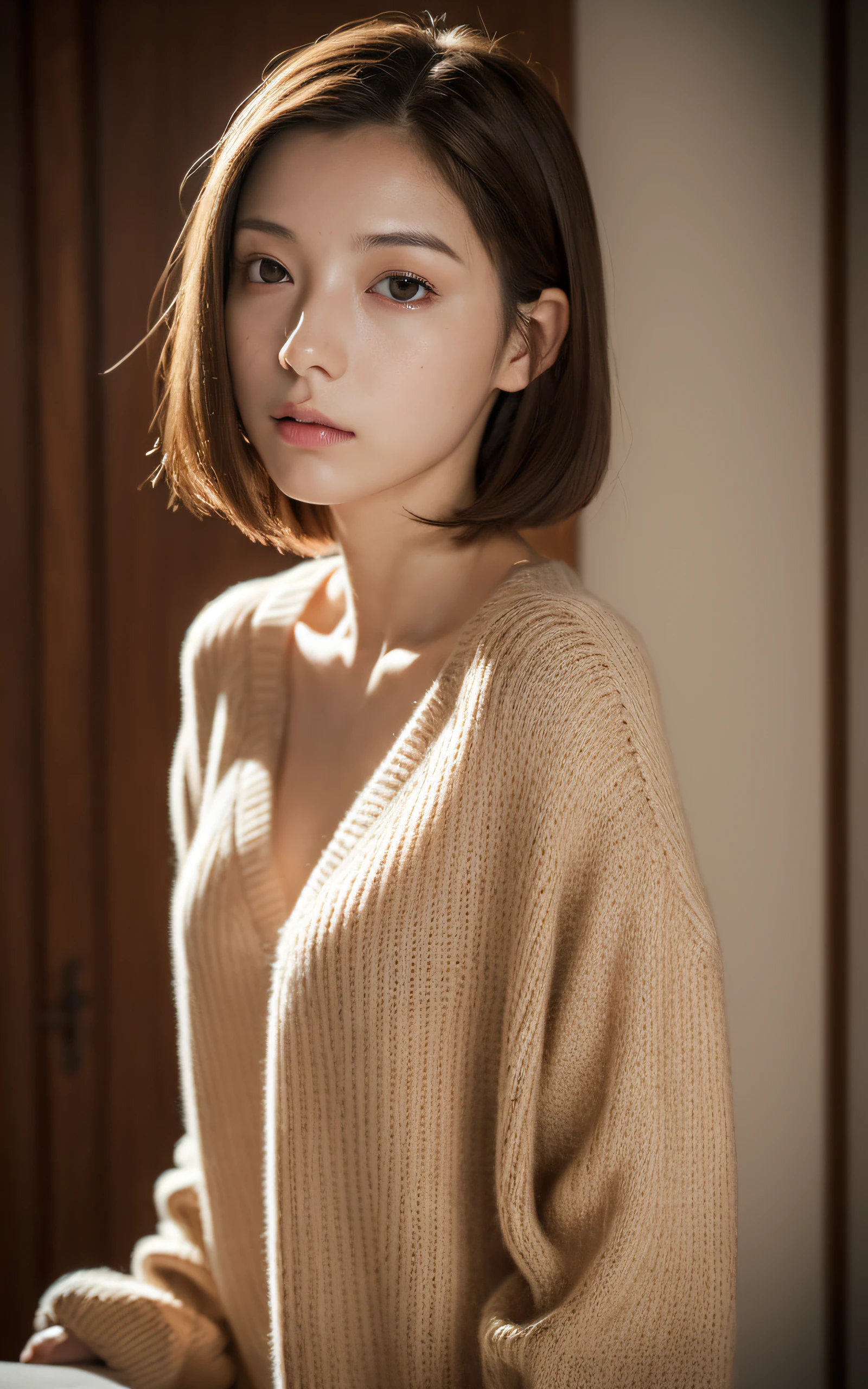 (masutepiece:1.3), (8K, Photorealistic, Raw photography, Best Quality: 1.4), Soft light, Professional Lighting, 1girl in,  22 years old, Neat and clean beauty, Closed mouth, sad, Brown Short Hair,  Sweaters