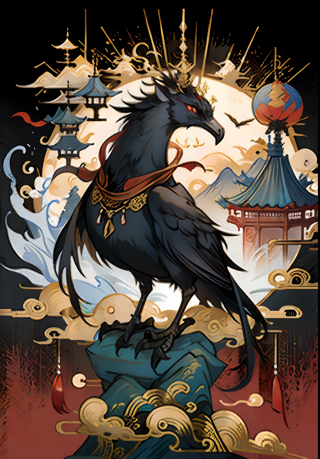 An ancient Chinese painting， Ancient Chinese background，1 Three-legged crow，In the sun，Golden-red sun，mountain ranges， rios，Auspicious clouds， tmasterpiece， super detailing， Epic composition， hyper HD， high qulity， extremely detaile， offcial art， 统一 8k 壁纸， super detailing， 32K
