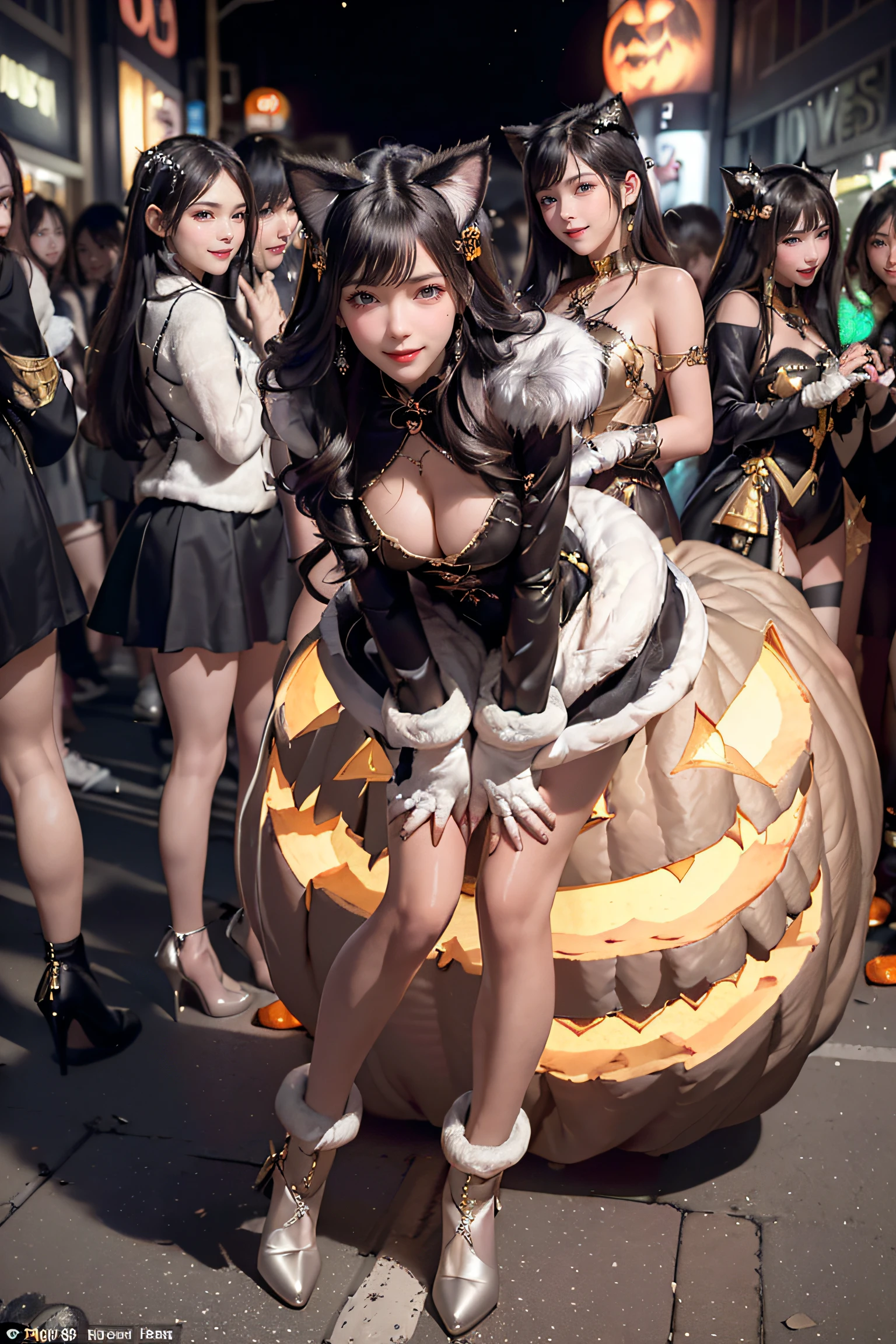 masterpiece, top-quality, top-quality, Beautifully Aesthetic:1.2, ((1girl)), Halloween night, ((Wearing a high-quality costume of fur of cat, gloves of cat, cat paw-shaped shoes, fur miniskirt):1.2), (Silver pin heels:1.1), high detailed, (Standing leaning forward with hands on ground:1.3), large breasts, firm breast, nicely shaped breasts, slender figure,
((Dark Brown Hair)), wavy hair, (medium long hair:1.2),
((in the middle of very crowded Shibuya's scramble crossing at late night:1.2)), ((Surrounded by many people wearing Halloween costumes:1.2)), (Full body shot:1.1), (From back:1.2), ((looking back at viewer:1.2)),