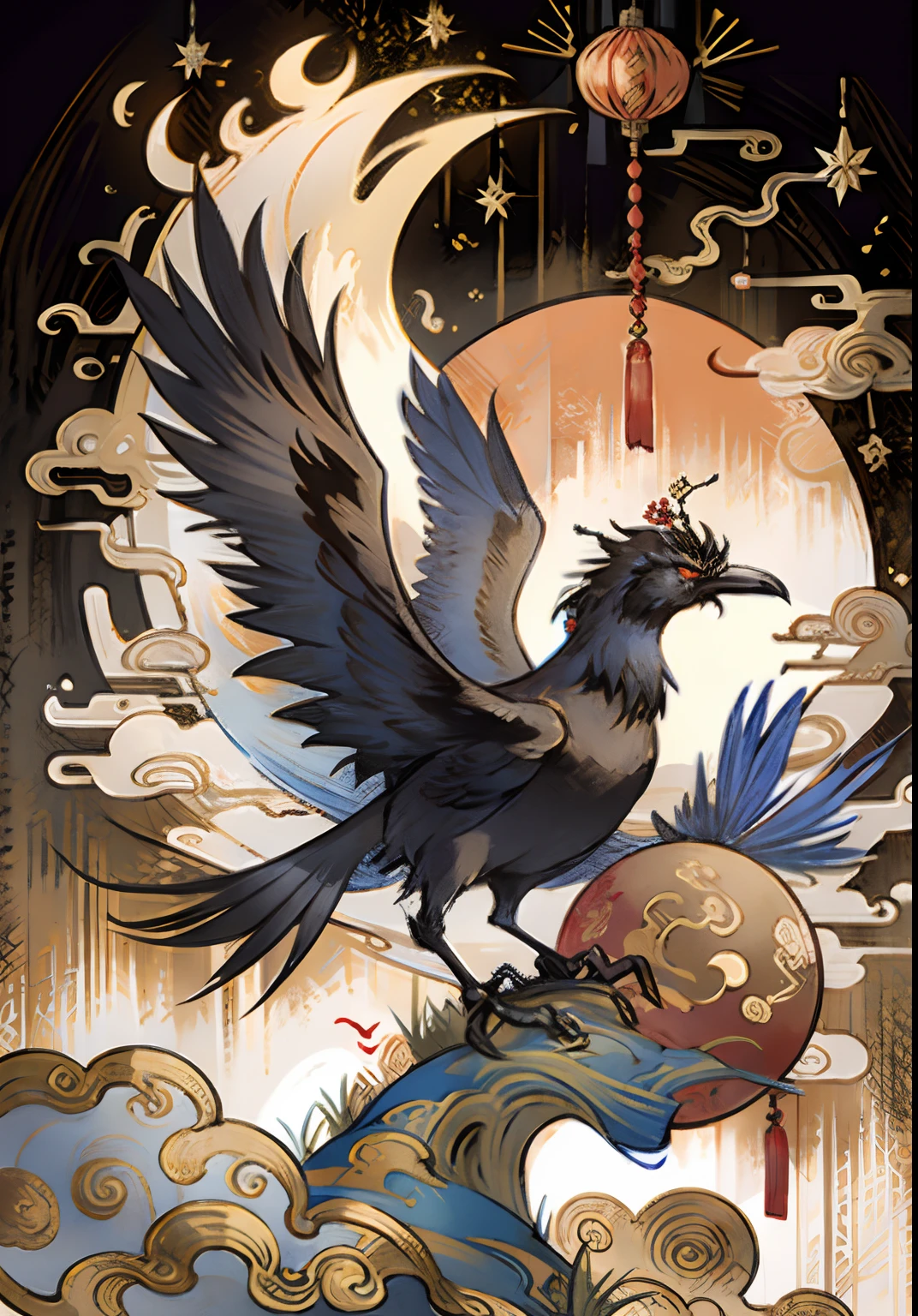 An ancient Chinese painting, Ancient Chinese background,1 Three-legged crow,In the sun,Golden-red sun,mountain ranges, rios,Auspicious clouds, tmasterpiece, super detailing, Epic composition, hyper HD, high qulity, extremely detaile, offcial art, 统一 8k 壁纸, super detailing, 32K