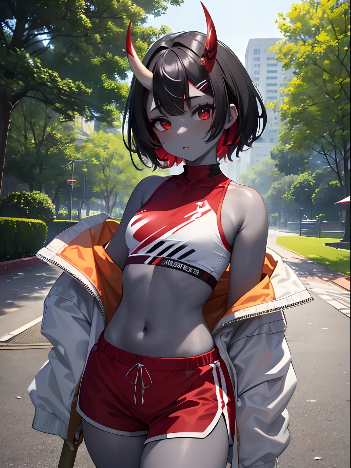 (masterpiece,best quality,ultra-detailed),1girl,messy hairstyle,thick hair,short hair,(oni horns ),(colored skin,red skin), beautiful and detailed face,{small chest} detailed eyes,shorts, sports shorts,sportswear,(grey theme),in a park