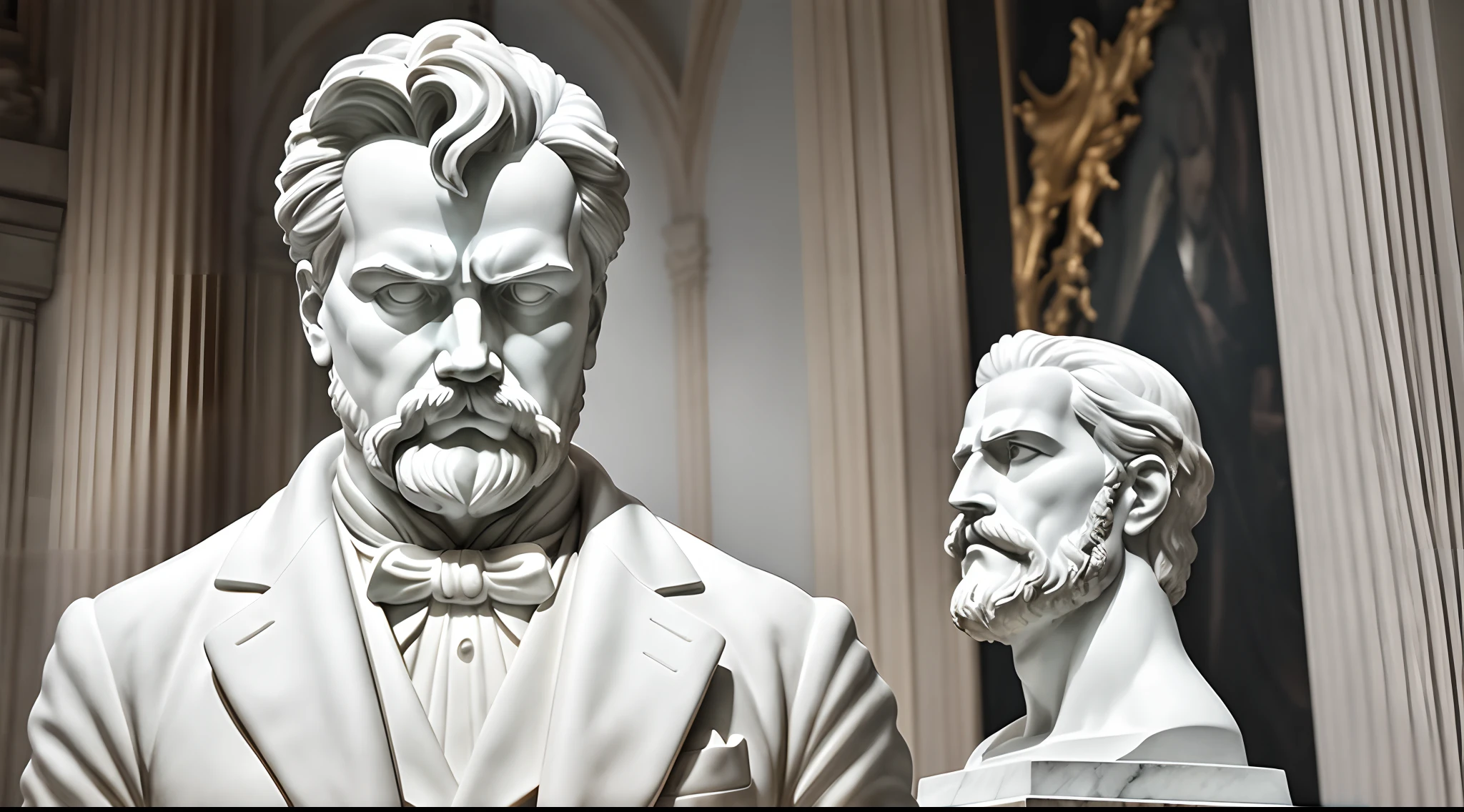 A realistic white marble statue of Nietzsche, fundo neutro, Moody, , fotorrealista, Jantar de cinema atencioso, super detalhada, Hiper realista, luzes brilhantes, 8 mil