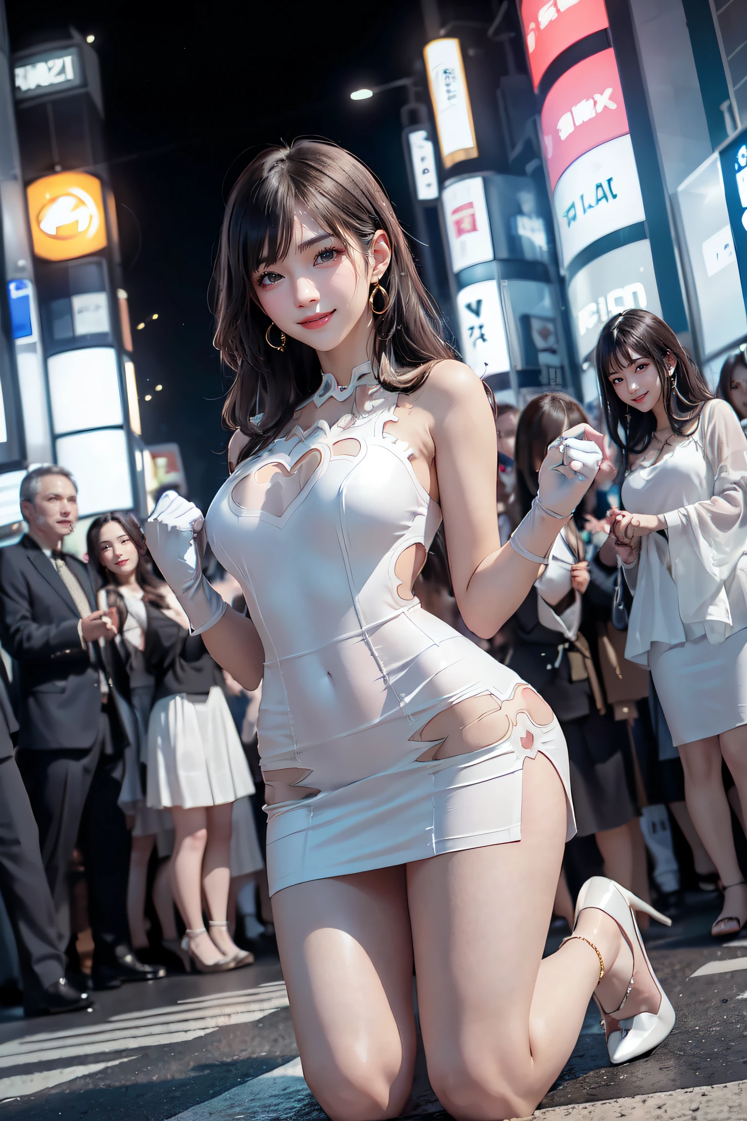 masterpiece, top-quality, top-quality, Beautifully Aesthetic:1.2, 1girl, Halloween night, ((Wearing a high-quality heart-shaped cutout White costume, gloves, miniskirt):1.2), (Silver pin heels:1.1), high detailed, (kneeling with hands on the ground:1.3), large breasts, firm breast, nicely shaped breasts, slender figure,
((Dark Brown Hair)), wavy hair, (medium long hair:1.2),
((in the middle of very crowded Shibuya's scramble crossing at late night:1.2)), ((Surrounded by many people wearing various costumes)), (Full body shot:1.1), (From below:1.3),