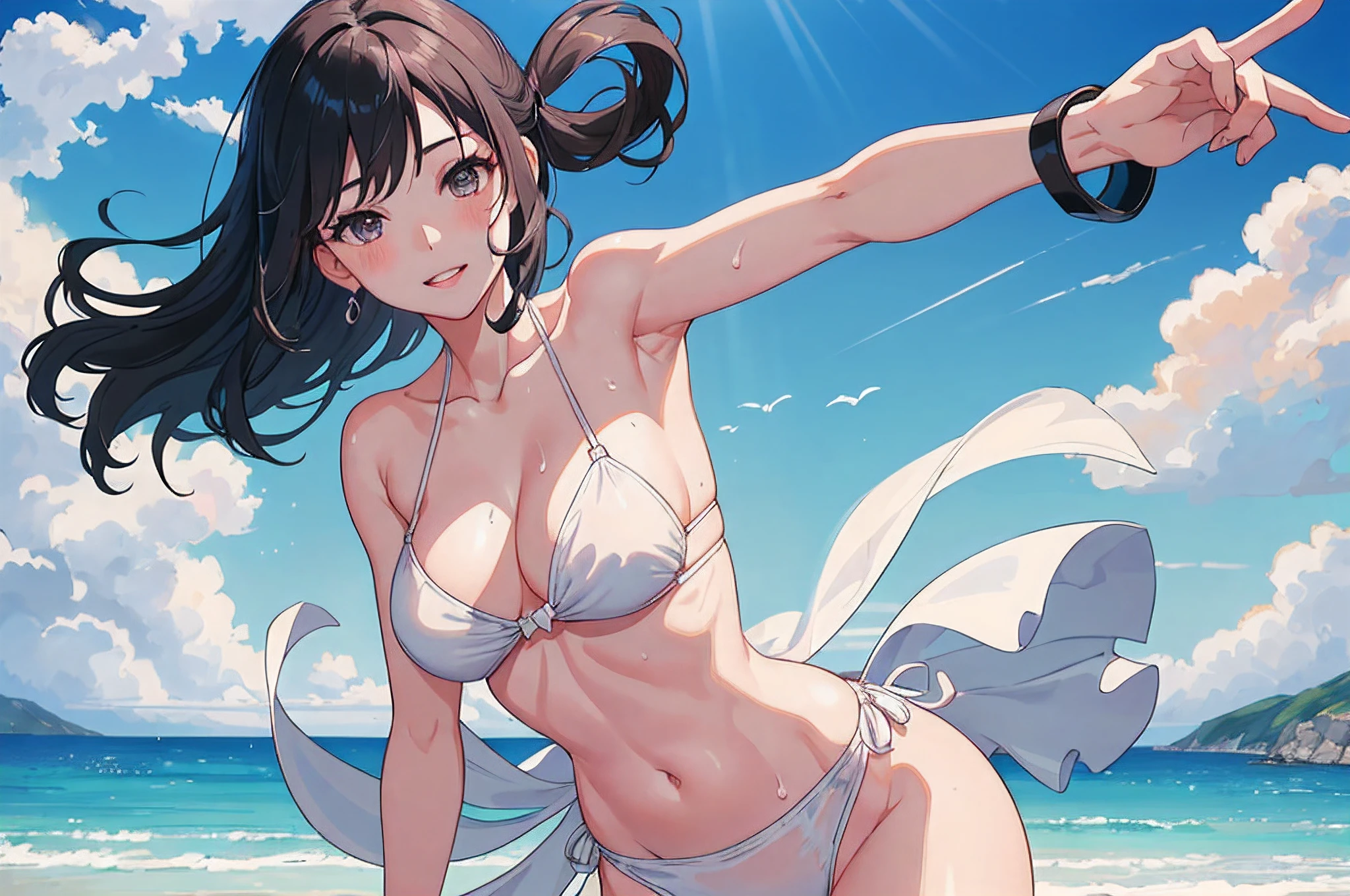 Selfie, 1girls, Black Hair, Black eyes, parted lips, Blush, Makeup, light smile, White bikini, beach, Sweat, wet, light rays, glow, thights, clavicle, narrow waist, (master-piece), wallpaper,Highlights in the eye、Look firmly at the camera..、((A very beautiful woman..、NSTDA.、Master Piece、Highest Standards、top-quality、highest image quality、High resolution images、Symmetrical beauty、Add strong highlights to the eyes..)), The breast is very large..、Breast Touch、Perfect angle、Acrobatic moves、(Professional quality、high-res)、Perfect contrast、perfect lighting、perfect composition、Flawless skin、perfect hands、perfect fingers、perfect breasts、Perfect Hair、perfect face、A masterpiece of realistic faces、Smile happily、Beautiful braces、Beautiful teeth、(Upper body bare..、I'm not wearing anything..、Nothing attached..、Broad-shouldered puppet、Tall figure、Long-legged models)、Make your female body more attractive..、Twist your sexy body.、The crotch is thick and wide open..、Very beautiful sexy woman、shaved、Give your face a little natural light..、Beautiful small navel、(Beautiful summer sky background too..、Beautiful sky backgrounds)、age is 18 years old,