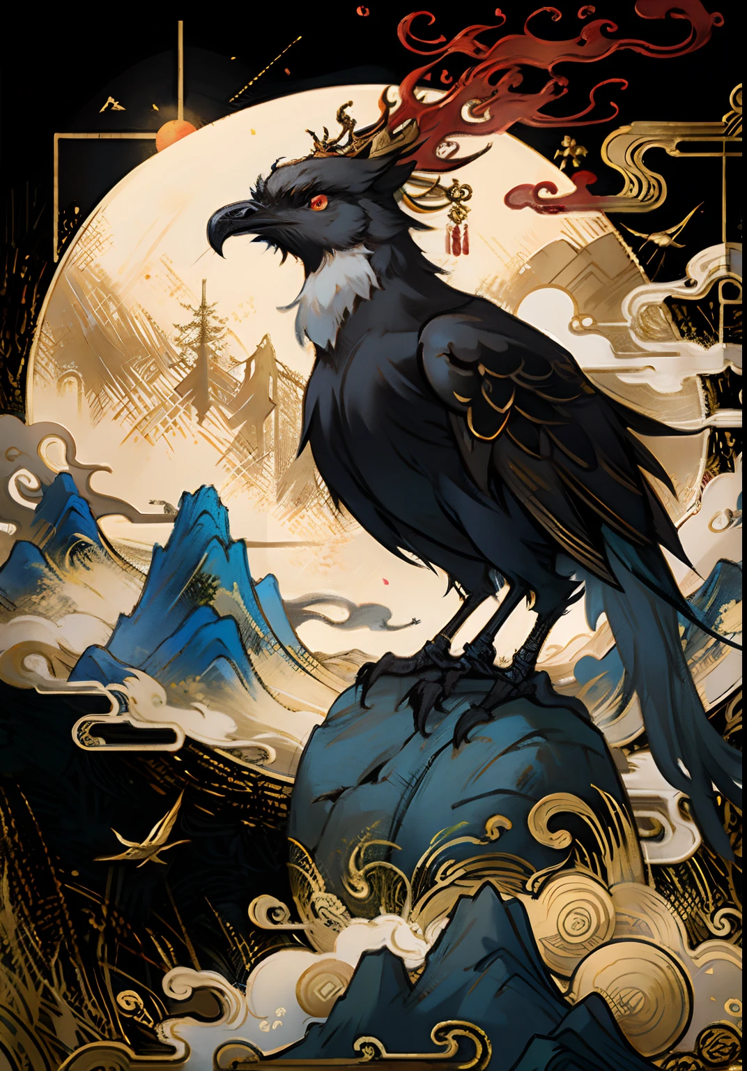 An ancient Chinese painting, Ancient Chinese background,1 Three-legged crow,In the sun,Golden-red sun,mountain ranges, rios,Auspicious clouds, tmasterpiece, super detailing, Epic composition, hyper HD, high qulity, extremely detaile, offcial art, 统一 8k 壁纸, super detailing, 32K