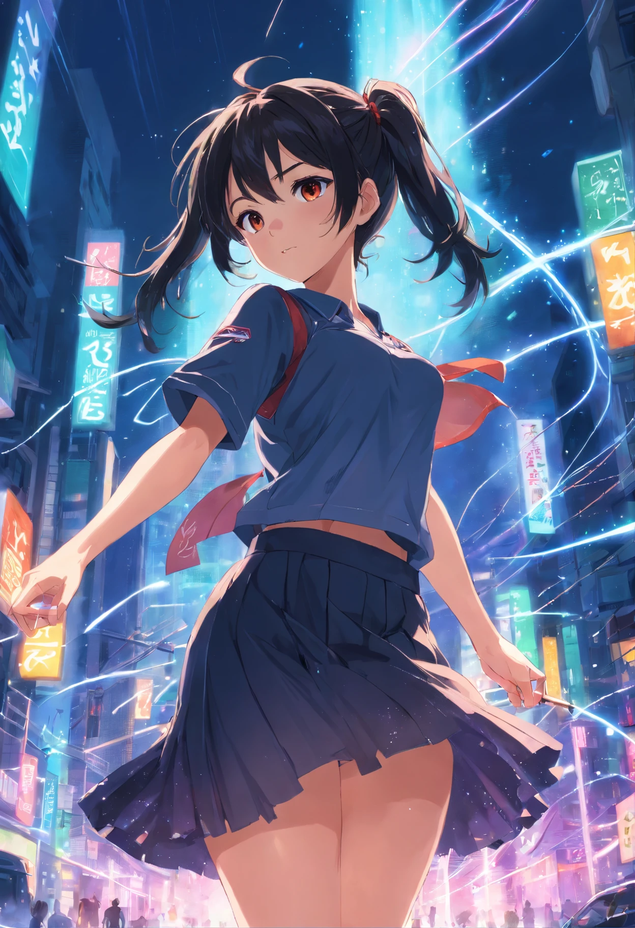 (masterpiece, best quality:1.3), (ultra-detailed:1.3), 1girl, solo, (black hair, messy hair, pigtails, long hair), large chest, large boobs, sexy, thick thighs, red eyes, (black dress, black short skirt), cowboy shot, cinematic lighting, (((glowing light particles))), (arms behind back), dynamic angle