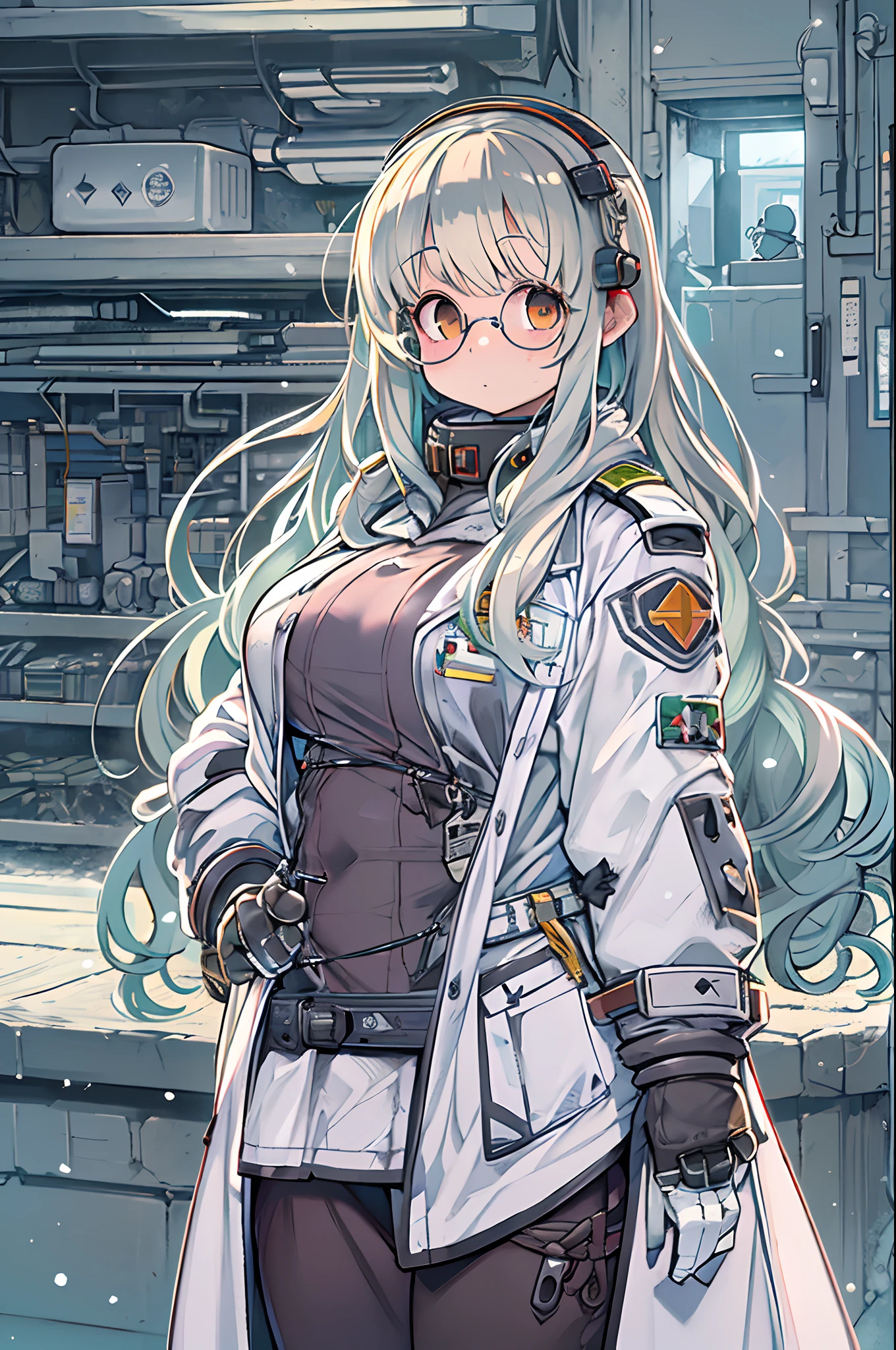 Science fiction,a science fiction film,cannons,Long-range missiles,Based on the Film Foundation ,Woman,,28 years old,Zito-order,Brown eyes,Long hairstyle,White-gray on black hair,Scientist uniform,White researcher coat,Open Meadow,Rebel,Chaotic,A futuristic world,Socialist world,Snow,lab room、stoop、Big round glasses