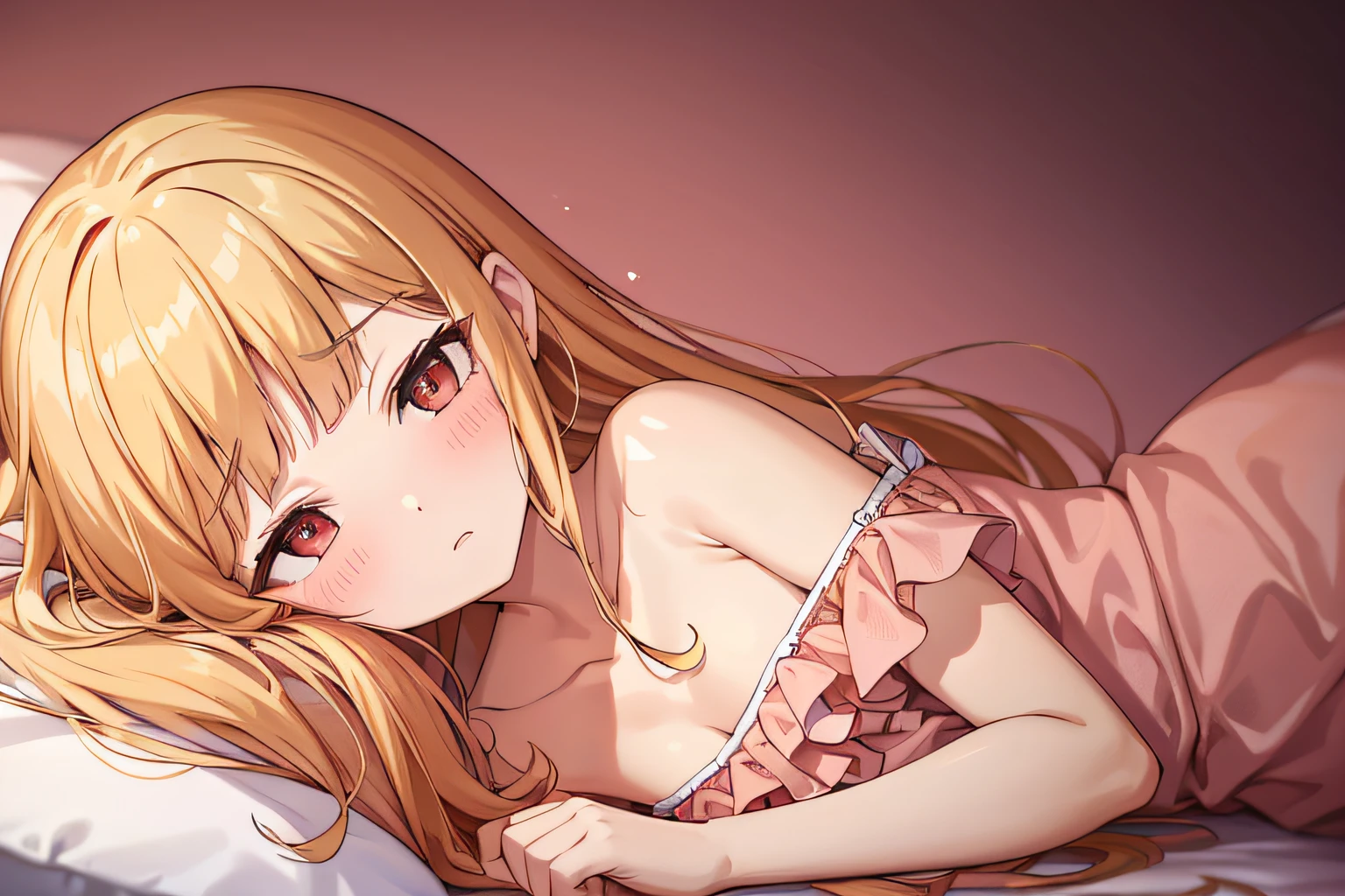 Bare shoulders、Align your bangs、red blush、I'm skinny、 Pajamas with ruffles、flaxen hair、long、flaxen eyes、Calm eyes、a bed、sleep