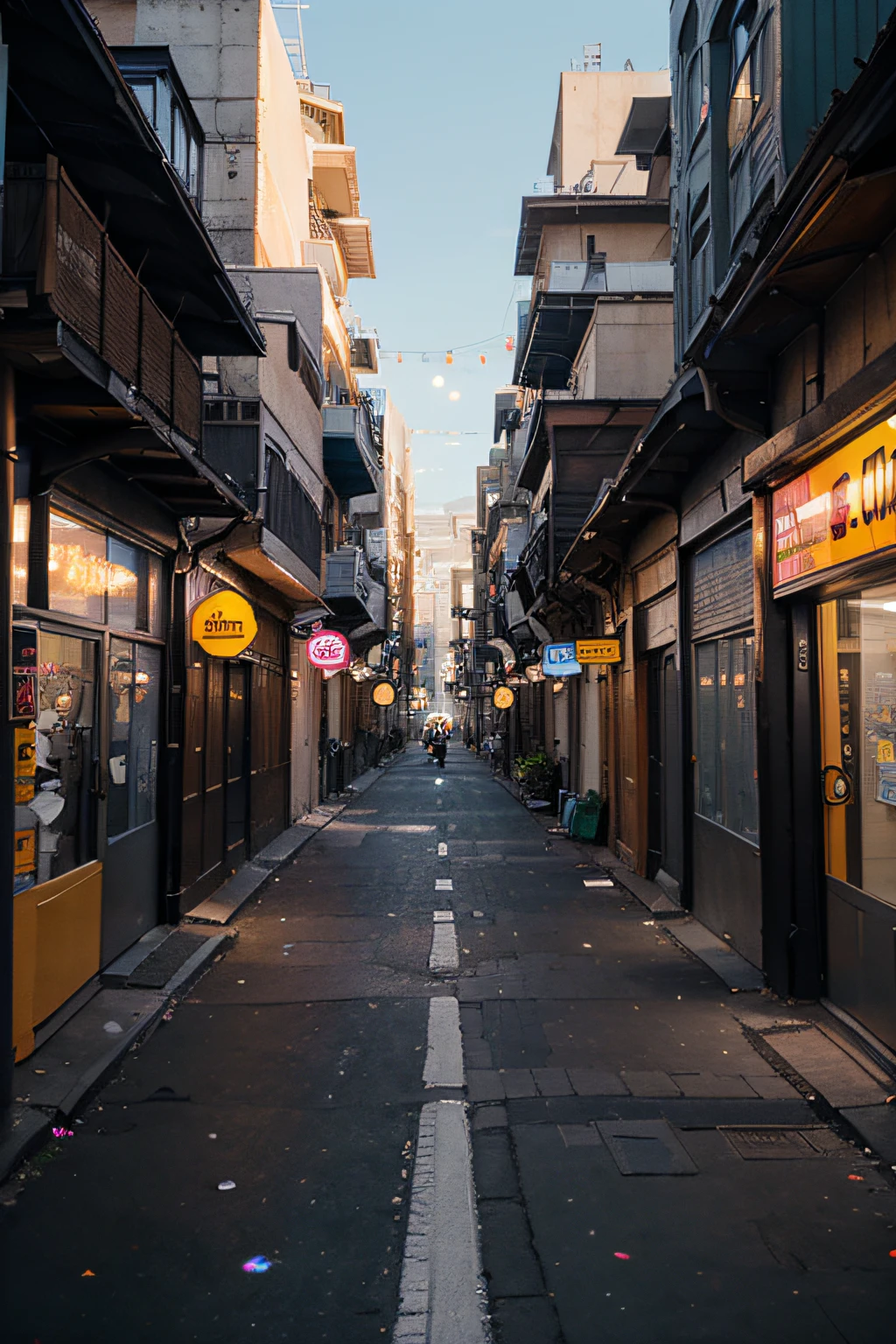 retracted image of a city with alleys to street, super detailed, masterpiece, best quality, ultra quality, absurd details, best light, best shadow, sharp, sharp image, detailed, extremely detailed, great resolution, 8k, 4k, uhd, volumetric, bright sprite, particle effects, beautiful effects, neon, neon light, sunbeam, sunlight, (character on the street)
