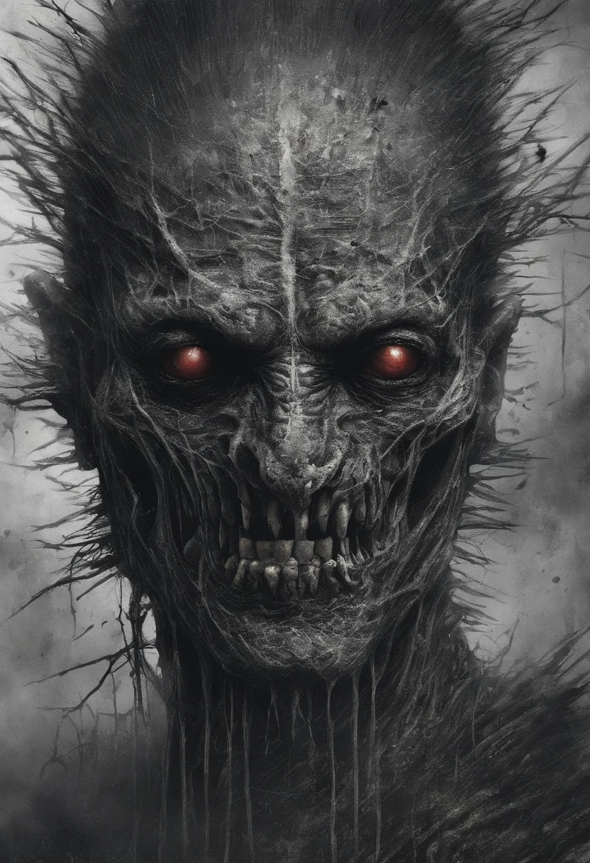 Uma criatura assustadora, His body is extremely thin, com os ossos marcando em sua pele completamente negra, Riddled with white scratches and scratches, He has only two tufts of gray hair on each side of his head, exceto acima, Her eyes are deep with only two green dots, His bloodthirsty smile glows with his white teeth dirty with dried blood. Uma figura horrorizante.