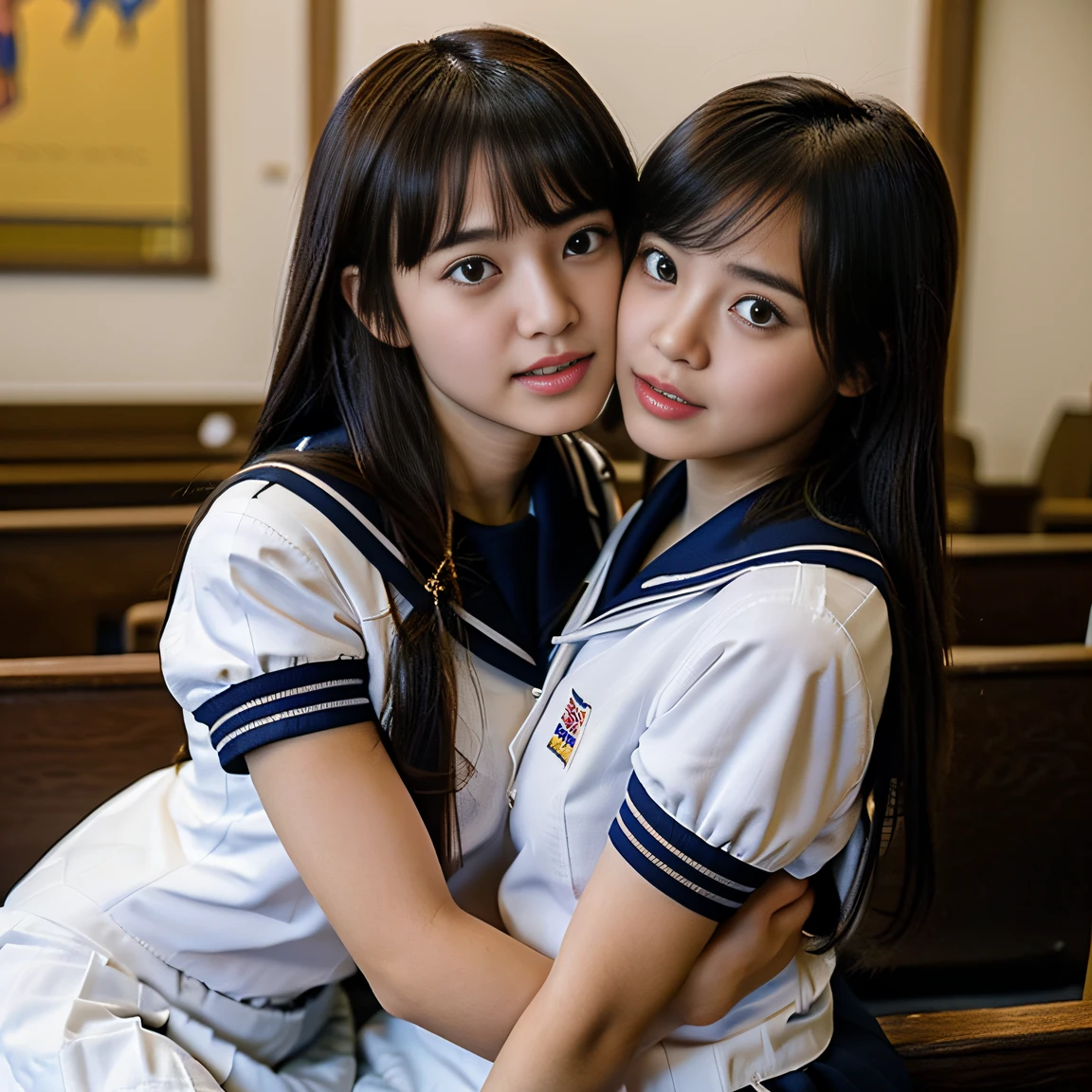 ((Two schoolgirls:1.5))、Beautiful 18 year old Japan woman, ((High school girl in white sailor suit with short sleeves: 1.5)), (Japan strict girls' school sailor uniform:1.5), ( Two schoolgirls sitting in a church pews: 1.2), ((Beautiful and elaborate stained glass on the background: 1.5)), ((1screen)), in 8K, RAW shot, top quality photo, masutepiece, Amazing realism photos, ((Anatomically correct proportions: 1.5)), ((Perfect proportions)), Cute woman like an idol in Japan, Detailed face, Detailed eyes, Narrow Nose, Detailed hands and fingers , detailed arms, Detailed skin, Detailed legs, short torso, Slender body, (shiny long hair: 1.5), ((Big breasts that seem to break through the uniform: 1.5)), (Sailor suit that fits her body:1.5)、(High school girls staring at each other:1.5)、(Schoolgirl with long and short hair:1.5)、((Hugging and kissing:1.2))