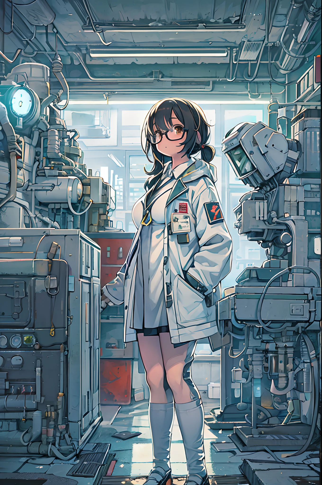 Science fiction,a science fiction film,cannons,Long-range missiles,Based on the Film Foundation ,Woman,,28 years old,Zito-order,Brown eyes,Long hairstyle,White-gray on black hair,Scientist uniform,White researcher coat,Open Meadow,Rebel,Chaotic,A futuristic world,Socialist world,Snow,lab room、stoop、Big round glasses