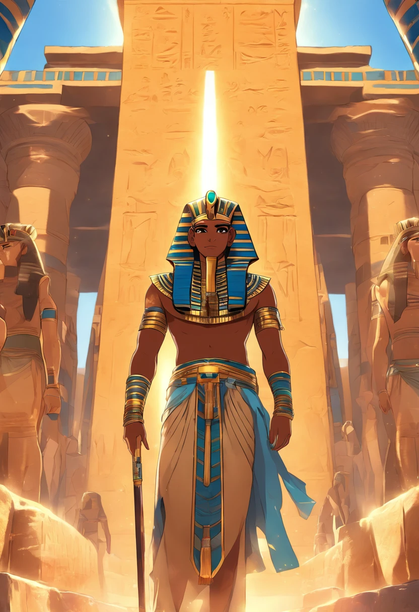 (((Osiris using an ATEF))) best quality, very high resolution, 4K detailed CG, master piece, Egyptian mythology,Osiris, god of the dead,Egyptian temple,Egyptian clothes, desert,blue sky, ((Standing)) , aesthetics, Beautiful image, centered on the screen