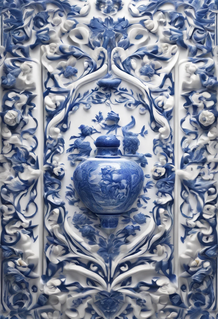 Blue and white porcelain,ceramics,Water jet, artwork of a,Ornaments, high detail,3D, Chiaroscuro, Cinematic lighting, god light, Cinematic lighting, hyper HD, High details, Best quality, A high resolution, A high resolution, Textured skin