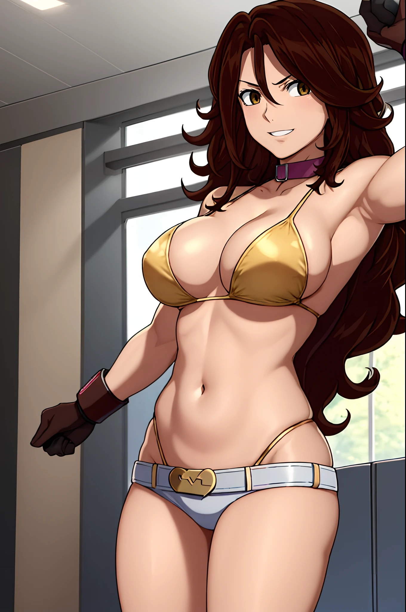 curvy midsection, solo, 1 girl, female wrestler, ultra toned arms, smile, ), (detailed titration screen, upper body only, anime style: 1.8, anime drawing, ultra detailed face, ultra detailed body, 4k, Sumergai Lee Noriega, (standing), best quality, anime style, hires, highest definition, digital blending, bold drawing lines, ((wwe diva), ((location: wrestling arena, crowds watching)), ( pro female wrestler, slim body, (little biceps), , off-shoulders, closed fists, (very curvy: 2.8)), ((elegant bikini , shorts, white gloves, collar, arm band, (champion belt))), (pale skin, big breasts, widely open mouth, teeth), (big eyes, brown eyes, shiny eyes), (), (brown hair, loose hair, curly hair, wavy hair, long hair, missy hair), 27 years old