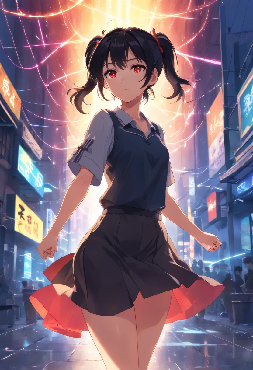 (masterpiece, best quality:1.3), (ultra-detailed:1.3), 1girl, solo, (black hair, messy hair, pigtails, long hair), large chest, large boobs, sexy, thick thighs, red eyes, (black dress, black short skirt), cowboy shot, cinematic lighting, (((glowing light particles))), (arms behind back), dynamic angle