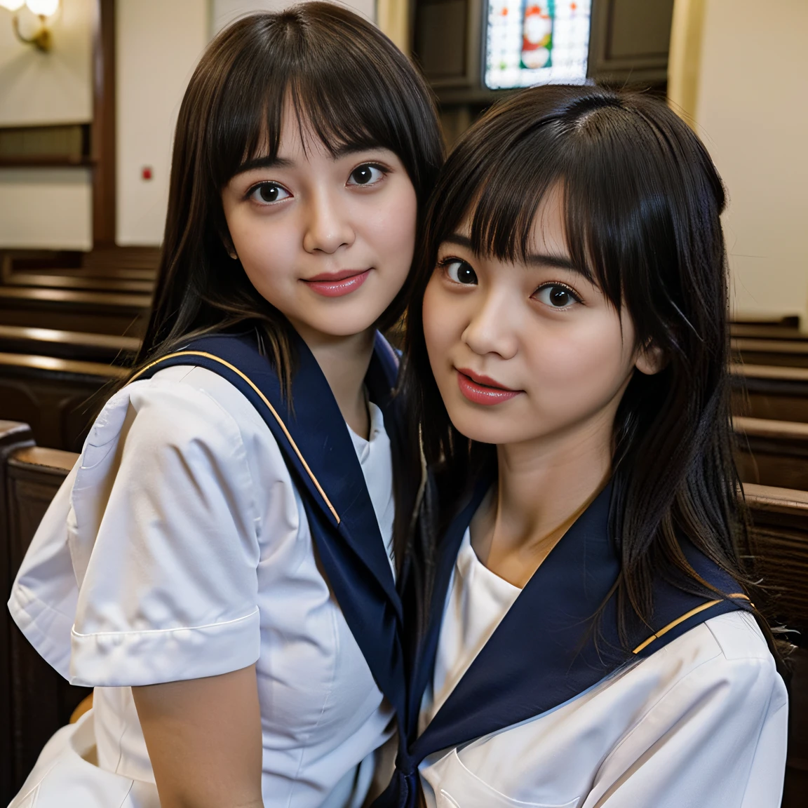 ((Two schoolgirls:1.5))、Beautiful 18 year old Japan woman, ((Two high school girls in short-sleeved white sailor suits: 1.5)), (Japan strict girls' school sailor uniform:1.5), ( Two schoolgirls sitting in a church pews:1.2), ((Beautiful and elaborate stained glass on the background: 1.5)), ((1screen)), 8K, RAW shot, top quality photo, ​masterpiece, Amazing realism photos, ((Anatomically correct proportions: 1.5)), ((perfectly proportions)), Cute woman like an idol in Japan, Detailed face, Detailed eyes, Narrow Nose, Detailed hands and fingers , detailed arms, Detailed skin, Detailed legs, short torso, Slender body, (shiny long hair: 1.5), ((Big breasts that seem to break through the uniform: 1.5)), (Body-fitting sailor suit:1.5)、(High school girls staring at each other:1.5)、(Schoolgirl with long and short hair:1.5)、((Hugging and kissing:1.2))