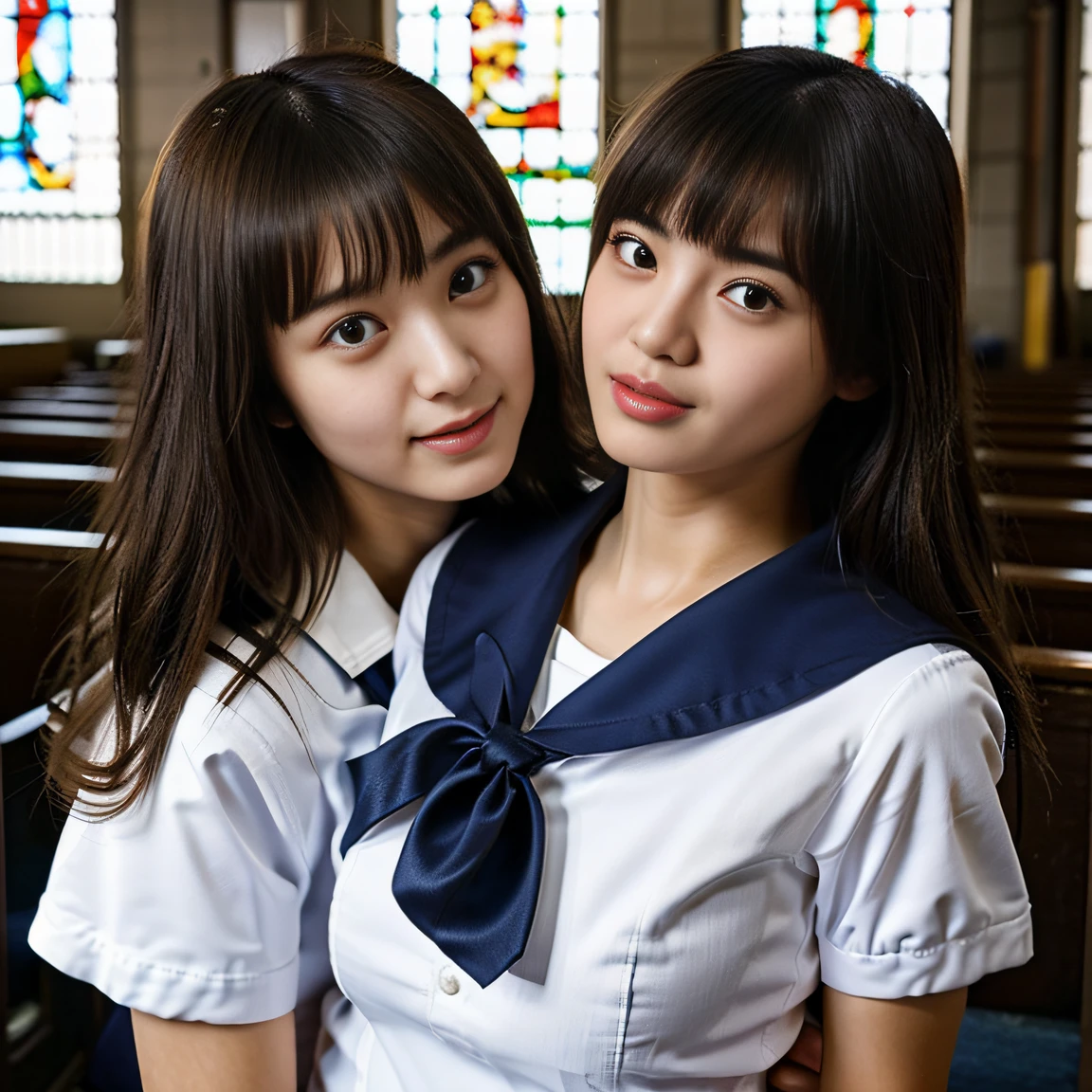 ((Two schoolgirls:1.5))、Beautiful 18 year old Japan woman, ((Two high school girls in short-sleeved white sailor suits: 1.5)), (Japan strict girls' school sailor uniform:1.5), ( Two schoolgirls sitting in a church pews:1.2), ((Beautiful and elaborate stained glass on the background: 1.5)), ((1screen)), 8K, RAW shot, top quality photo, ​masterpiece, Amazing realism photos, ((Anatomically correct proportions: 1.5)), ((perfectly proportions)), Cute woman like an idol in Japan, Detailed face, Detailed eyes, Narrow Nose, Detailed hands and fingers , detailed arms, Detailed skin, Detailed legs, short torso, Slender body, (shiny long hair: 1.5), ((Big breasts that seem to break through the uniform: 1.5)), (Body-fitting sailor suit:1.5)、(High school girls staring at each other:1.5)、(Schoolgirl with long and short hair:1.5)、((Hugging and kissing:1.2))