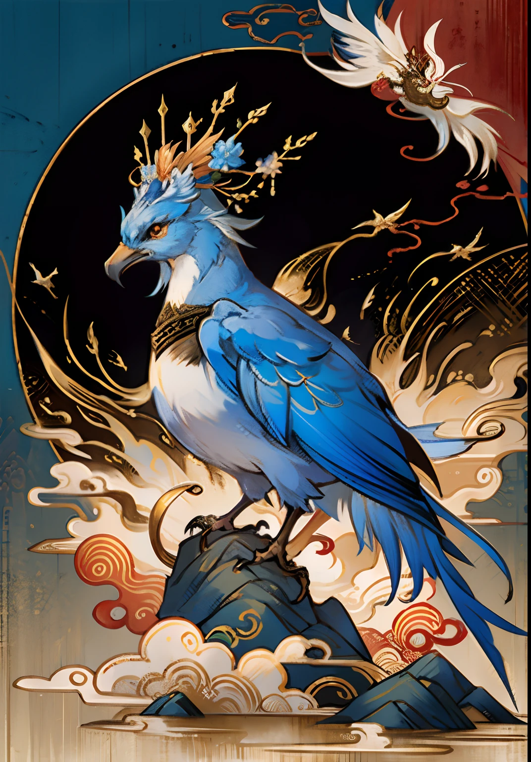 An ancient Chinese painting， Ancient Chinese background，1 Bluebird，Beautiful phoenix，In the sun，Golden-red sun，mountain ranges， rios，Auspicious clouds，The plumage is cyan，dazzling，The long tail takes on colorful colors，In the sun，Golden-red sun，mountain ranges， rios，Auspicious clouds， tmasterpiece， super detailing， Epic composition， hyper HD， high qulity， extremely detaile， offcial art， 统一 8k 壁纸， super detailing， 32K