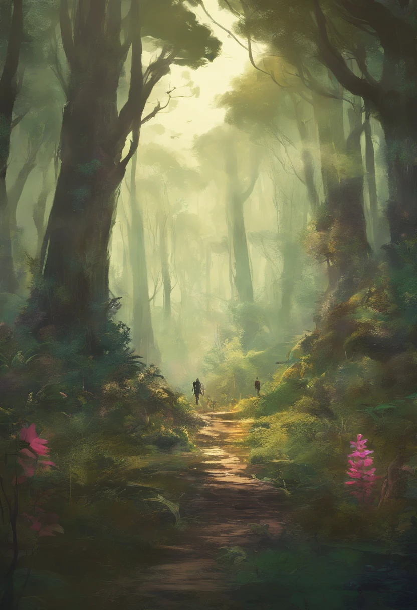 por favor, crie uma imagem de um grupo de aventureiros andando por uma floresta