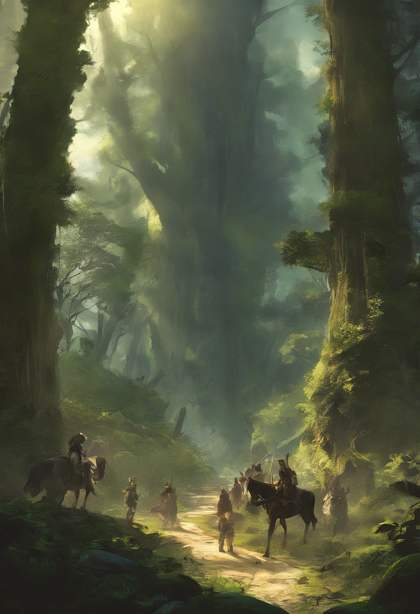 por favor, crie uma imagem de um grupo de aventureiros andando por uma floresta
