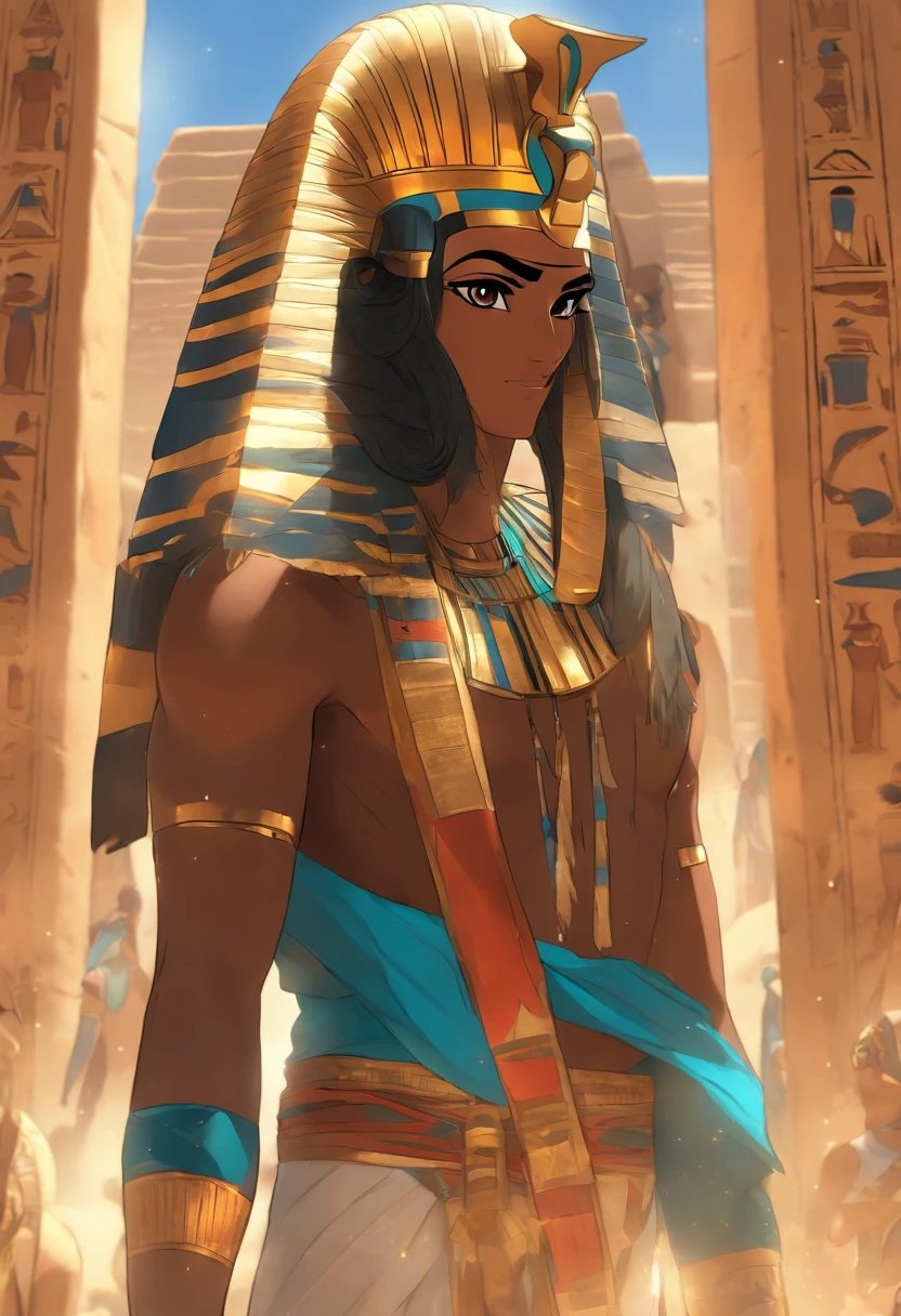 (((Egyptian adornment))) best quality, very high resolution, 4K detailed CG, masterpiece, Egyptian mythology,Tatenen, Egyptian tomb, Ancient Egypt, standing pose, Egyptian, white clothes, Egyptian clothes, Egyptian temple, desert, Ancient Egypt, ((blue pharaoh)), egyptian palace, aesthetics, beautiful image, centered on screen, standing pose