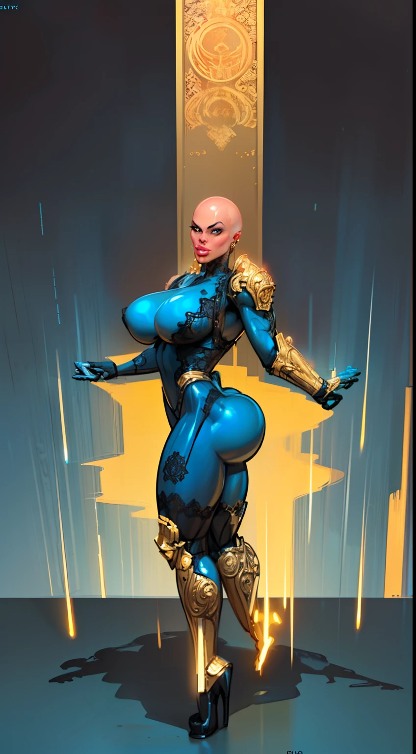 8k ((above view:1.3)), ((full body view))(large eyes:1.3), defined cheekbones, looking back, ((the pit style:1.4))((sleek dark blue bodysuit:1.6)) ((intricate lace details:1.6))detailed face:1.5), lightblue skin,(puffy lips:1.5) (lightblue skin:1.6), ((bald woman:1.7)), ((skinhead)), ((sexy pose)),(Muscular:1.3), ((gigantic breasts:1.5)), )highly detailed, Volumetric lighting, baroque oil painting by Greg Rutkowski, Artgerm, WLOP, dynamic angle,((intricate neon lines on bodysuit:1.3)), majestic, digital photography, best shadow, light particles, art by artgerm and ruan jia and greg rutkowski, ((gold shoulder pads:1.6)), (masterpiece), sidelighting, intricate details, (((black color palette)))