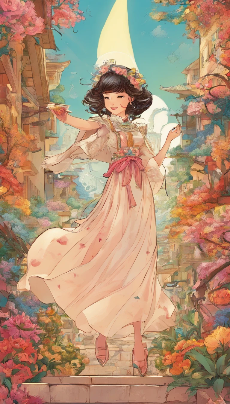 best qualtiy, tmasterpiece, 超高分辨率, realisticlying, 1girll, head looking up, Hold it in both hands,Stepping,having fun,laughingly,Princess dress