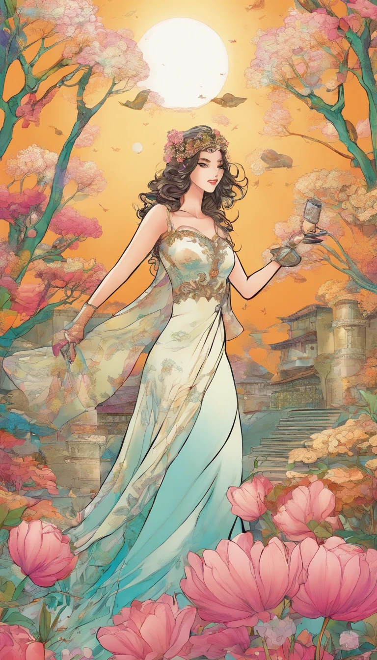 best qualtiy， tmasterpiece， 超高分辨率， realisticlying， 1girll， head looking up， Hold it in both hands，Stepping，having fun，laughingly，Princess dress